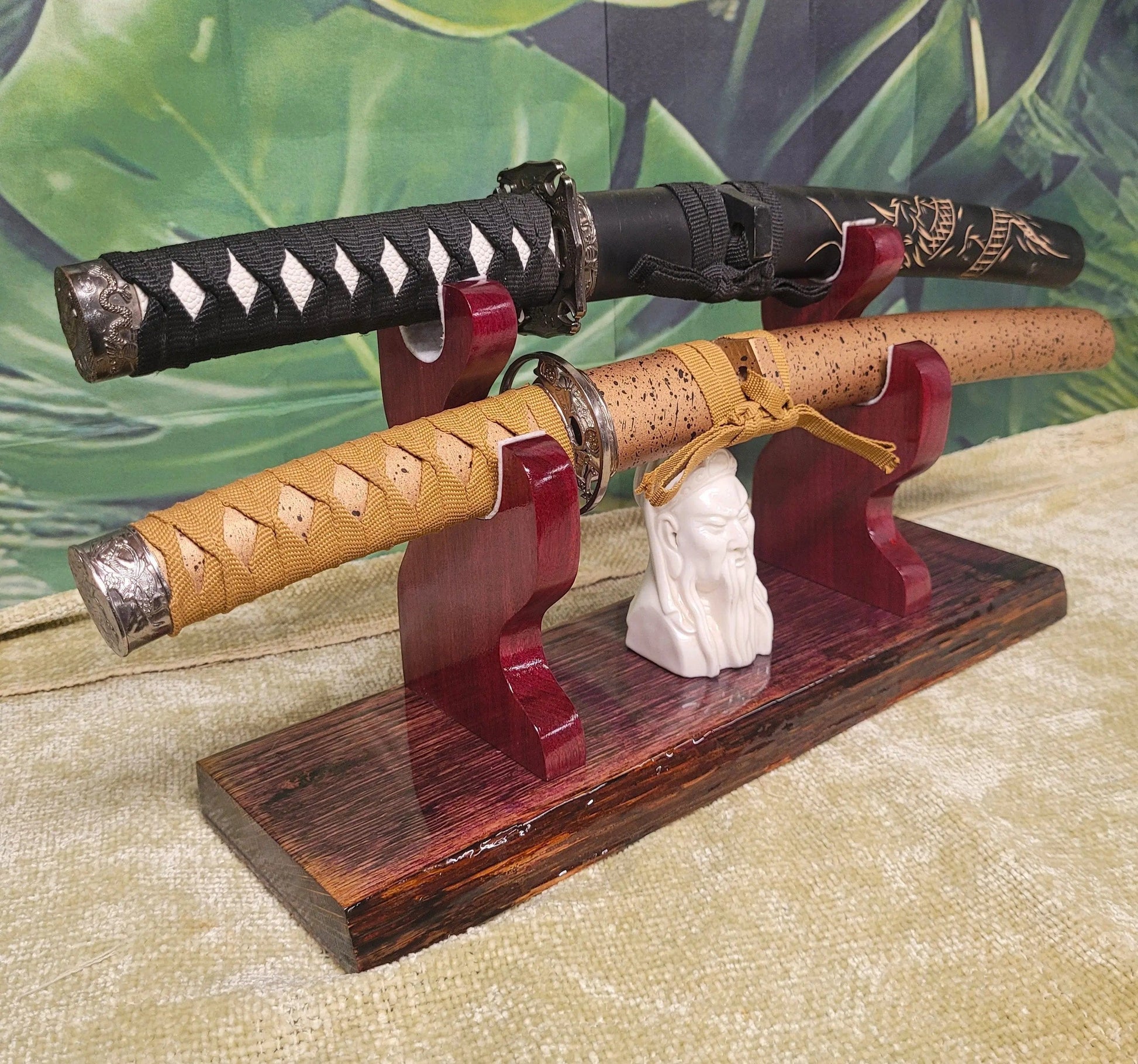 walkerwoodgifts sword display Live Edge Rustic 2 Tier Swamp Oak Purpleheart Kbar Samurai Military Display Gift (Copy)