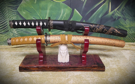 walkerwoodgifts sword display Live Edge Rustic 2 Tier Swamp Oak Purpleheart Kbar Samurai Military Display Gift (Copy)