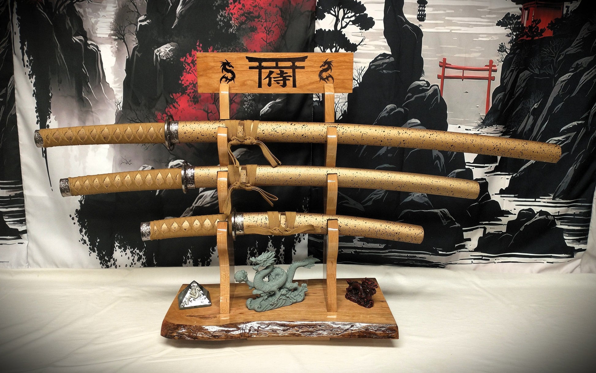 walkerwoodgifts sword display Live Edge Rustic 3 Tier Beautiful Cherry Japanese Samurai Sword Display Stand Collectors Gift