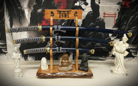 walkerwoodgifts sword display Live Edge Rustic 3 Tier Beautiful Cherry Japanese Samurai Sword Display Stand Collectors Gift