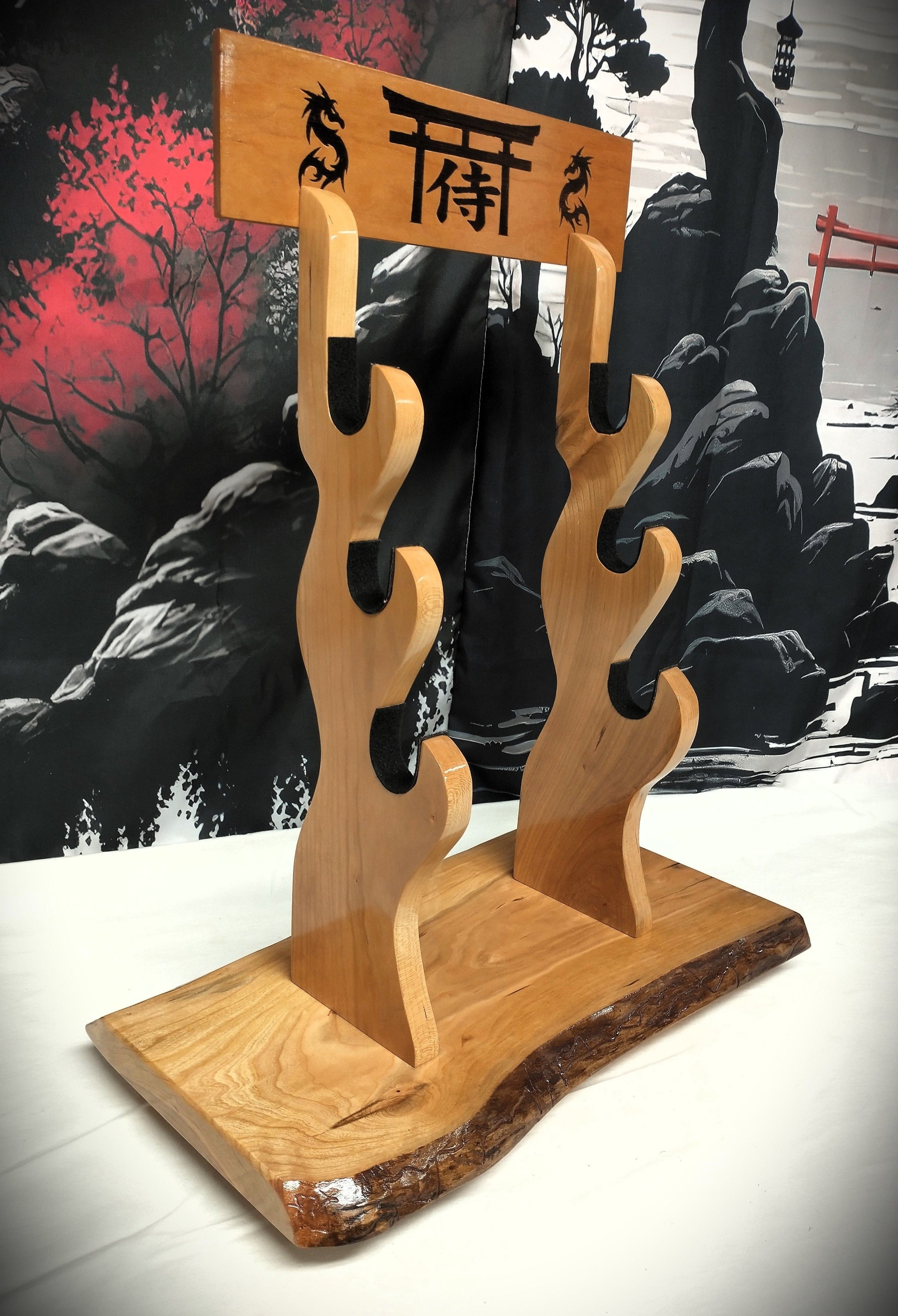 walkerwoodgifts sword display Live Edge Rustic 3 Tier Beautiful Cherry Japanese Samurai Sword Display Stand Collectors Gift