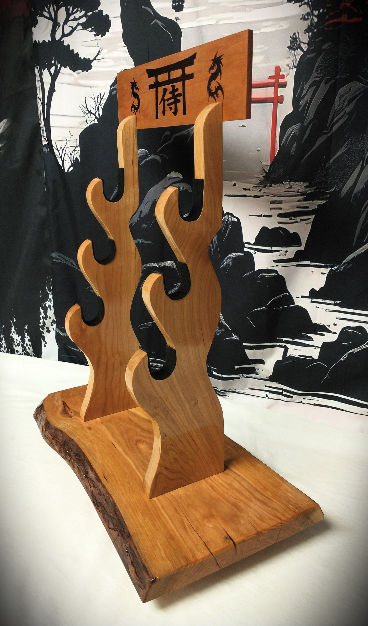 walkerwoodgifts sword display Live Edge Rustic 3 Tier Beautiful Cherry Japanese Samurai Sword Display Stand Collectors Gift