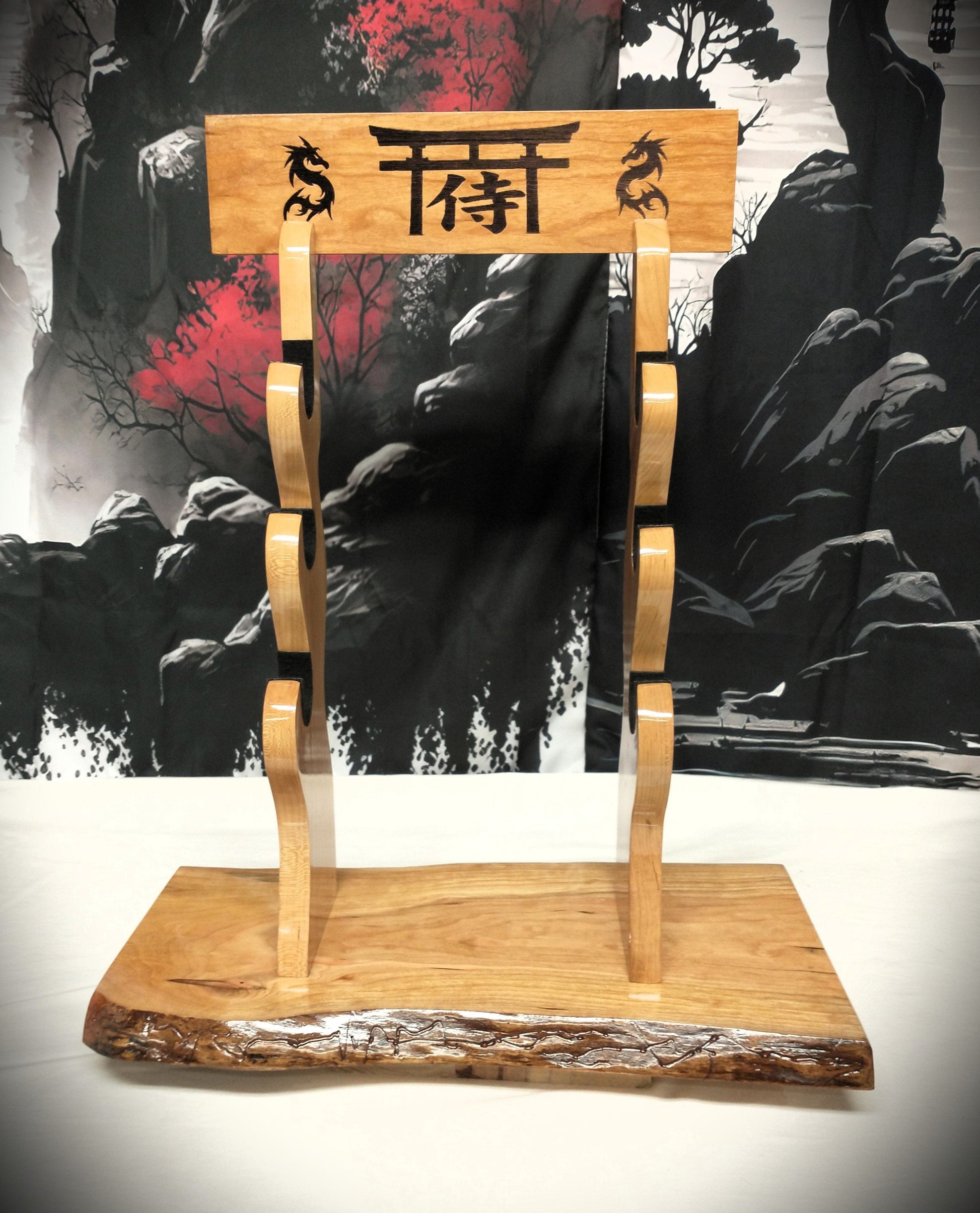 walkerwoodgifts sword display Live Edge Rustic 3 Tier Beautiful Cherry Japanese Samurai Sword Display Stand Collectors Gift