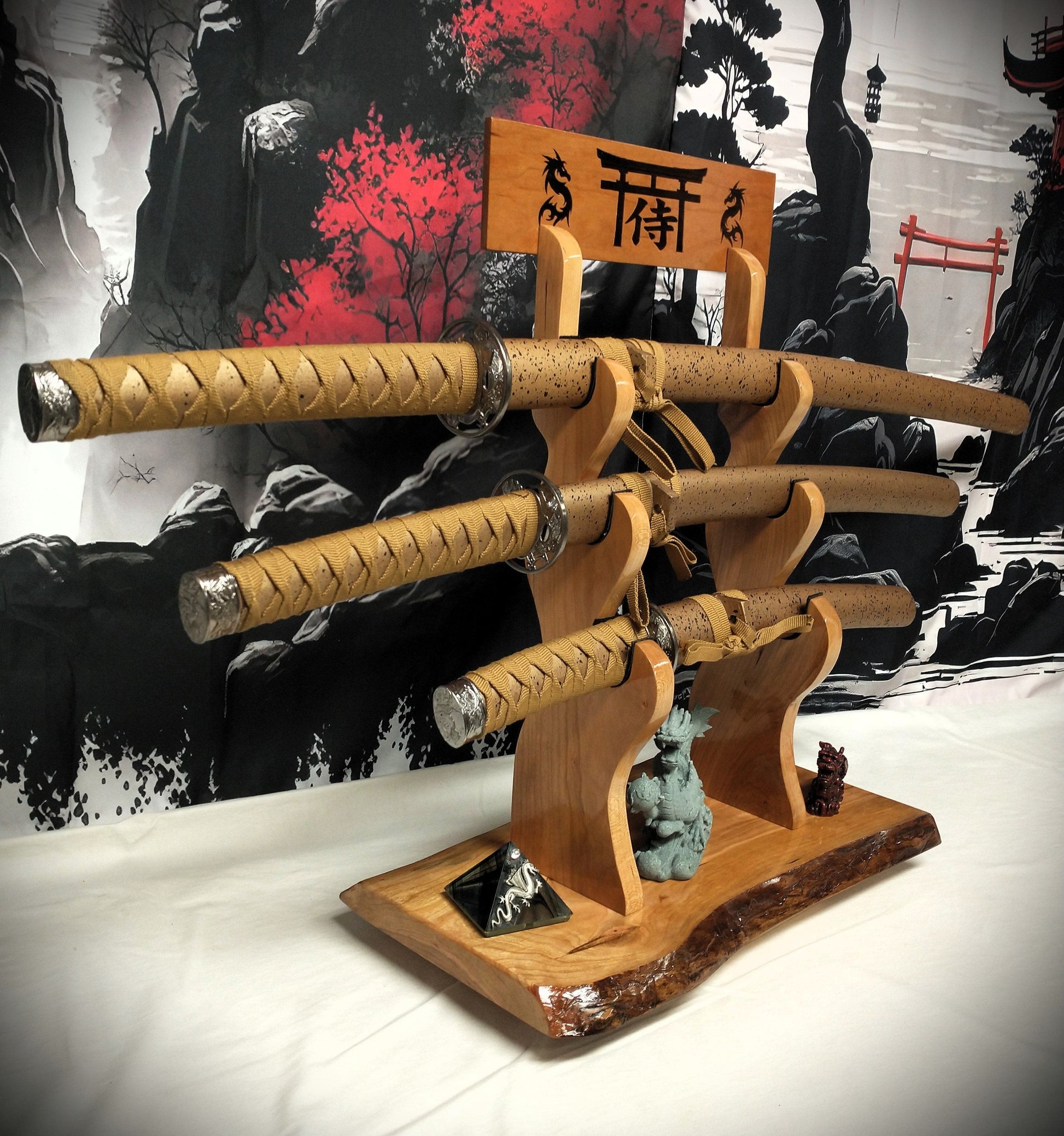 walkerwoodgifts sword display Live Edge Rustic 3 Tier Beautiful Cherry Japanese Samurai Sword Display Stand Collectors Gift