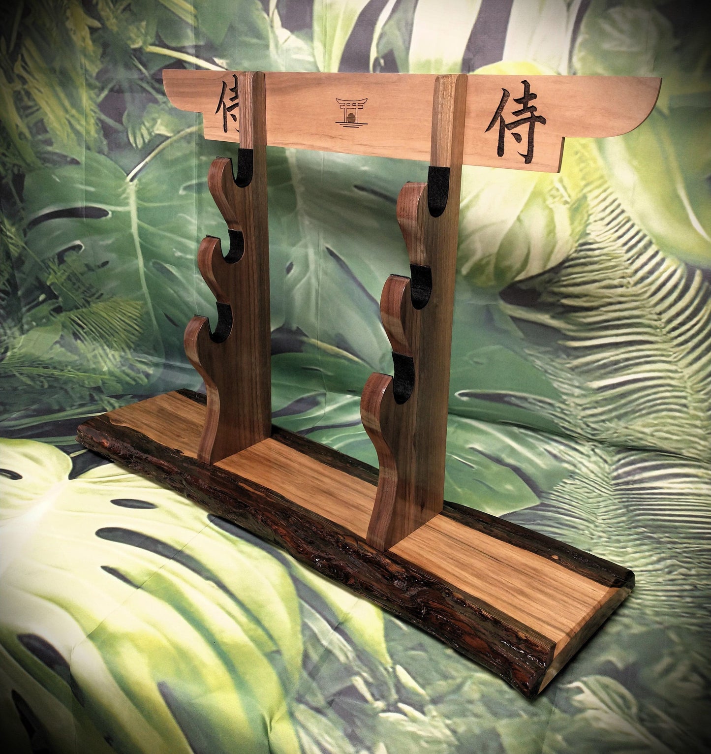 walkerwoodgifts sword display Live Edge Rustic 3 Tier Black Walnut Japanese Samurai Sword Display Stand Collectors Gift