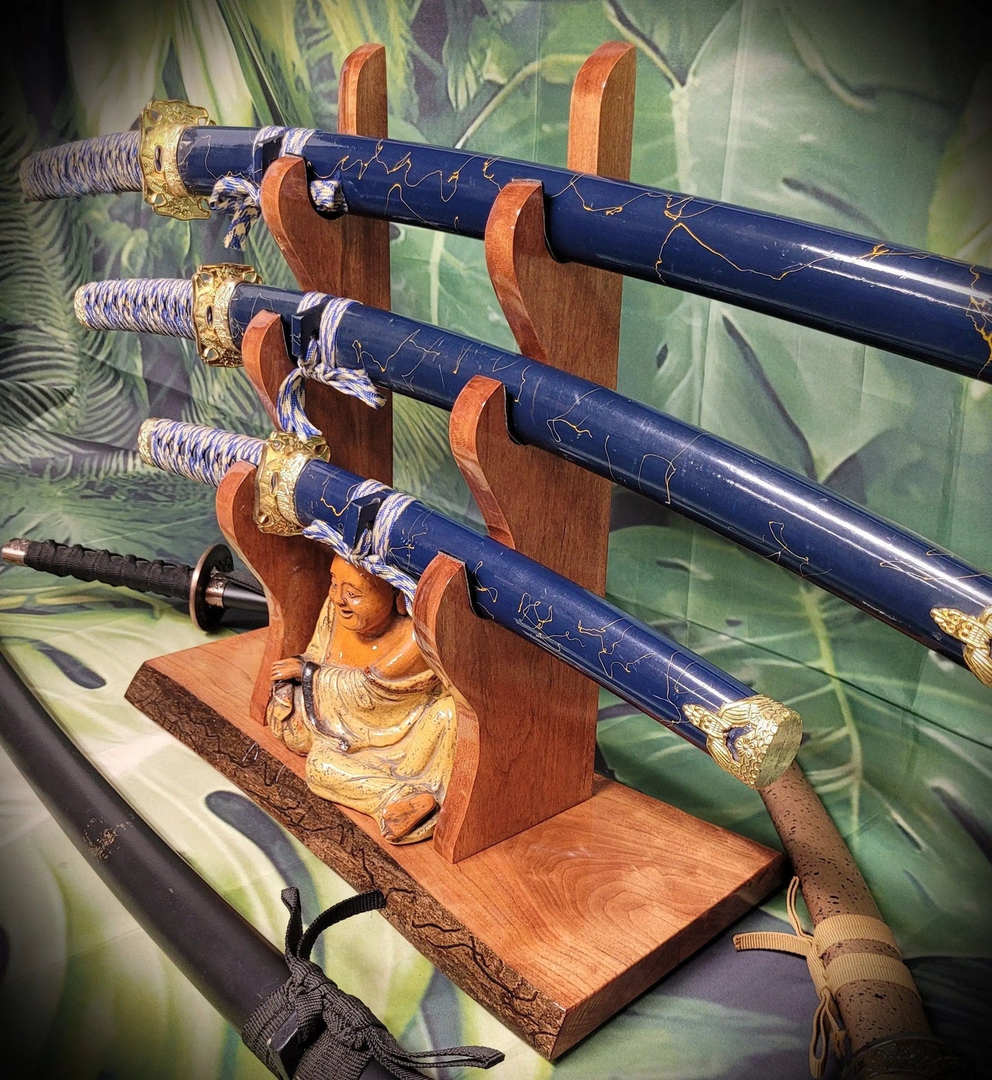 walkerwoodgifts sword display Live Edge Rustic 3 Tier Cherry Samurai Katana Display Stand Collector Gift