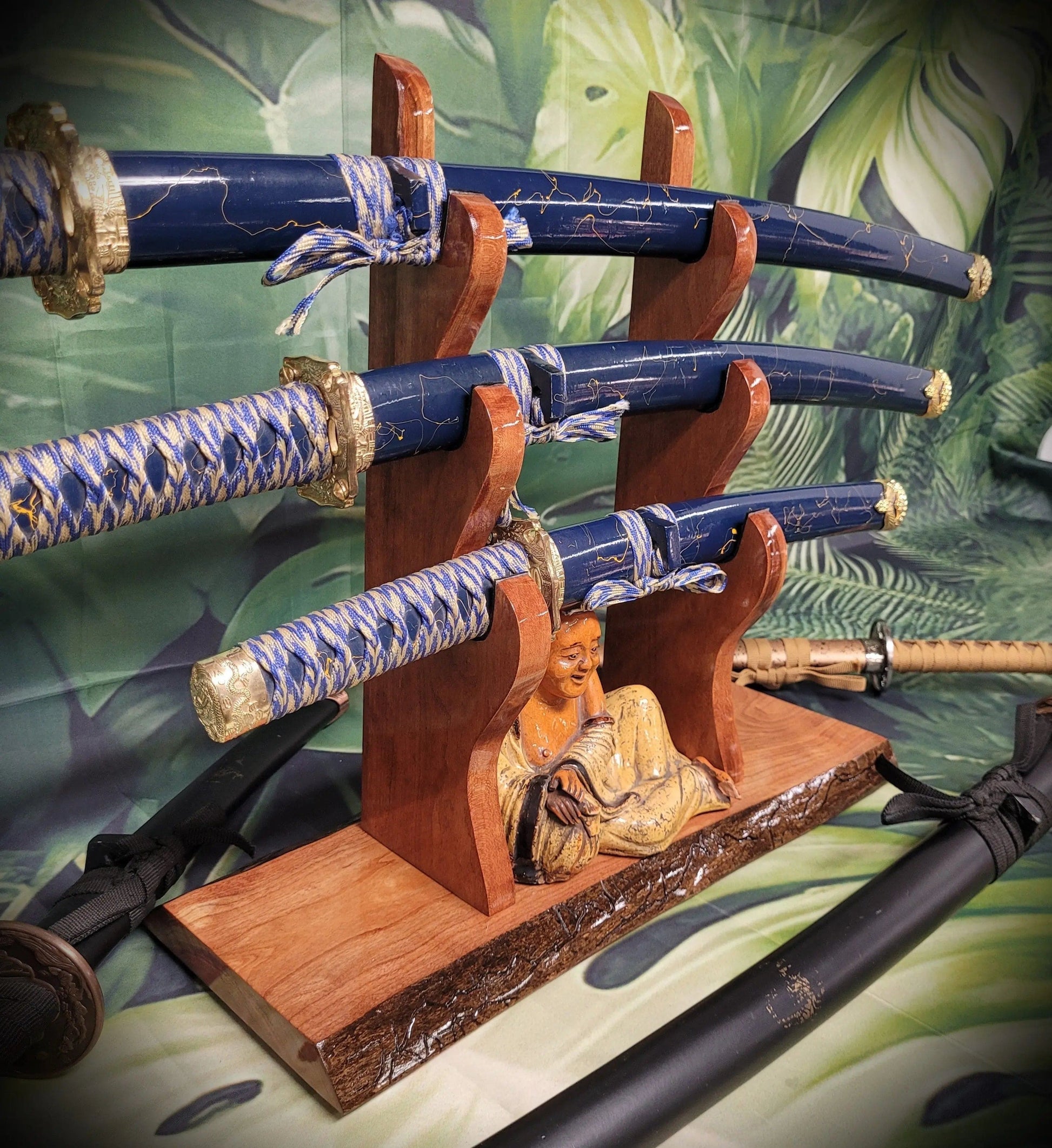 walkerwoodgifts sword display Live Edge Rustic 3 Tier Cherry Samurai Katana Display Stand Collector Gift