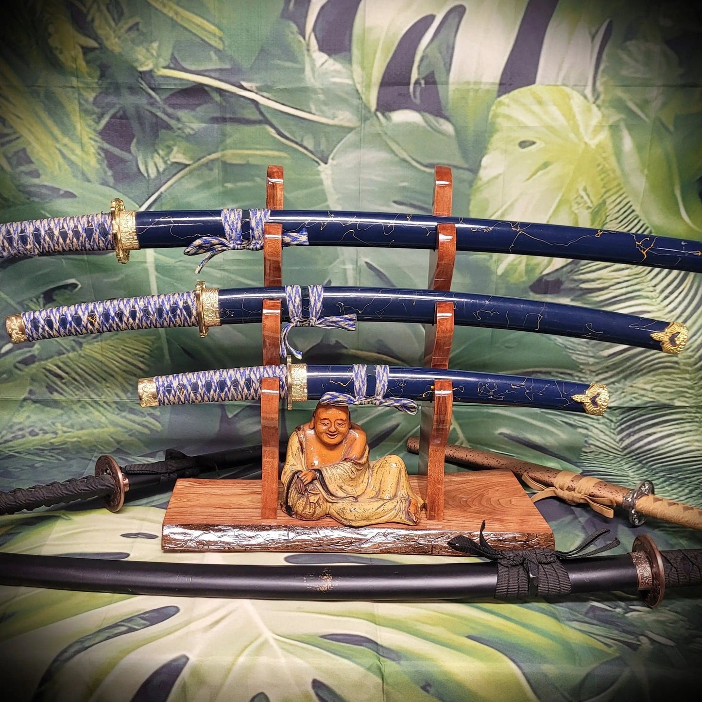 walkerwoodgifts sword display Live Edge Rustic 3 Tier Cherry Samurai Katana Display Stand Collector Gift