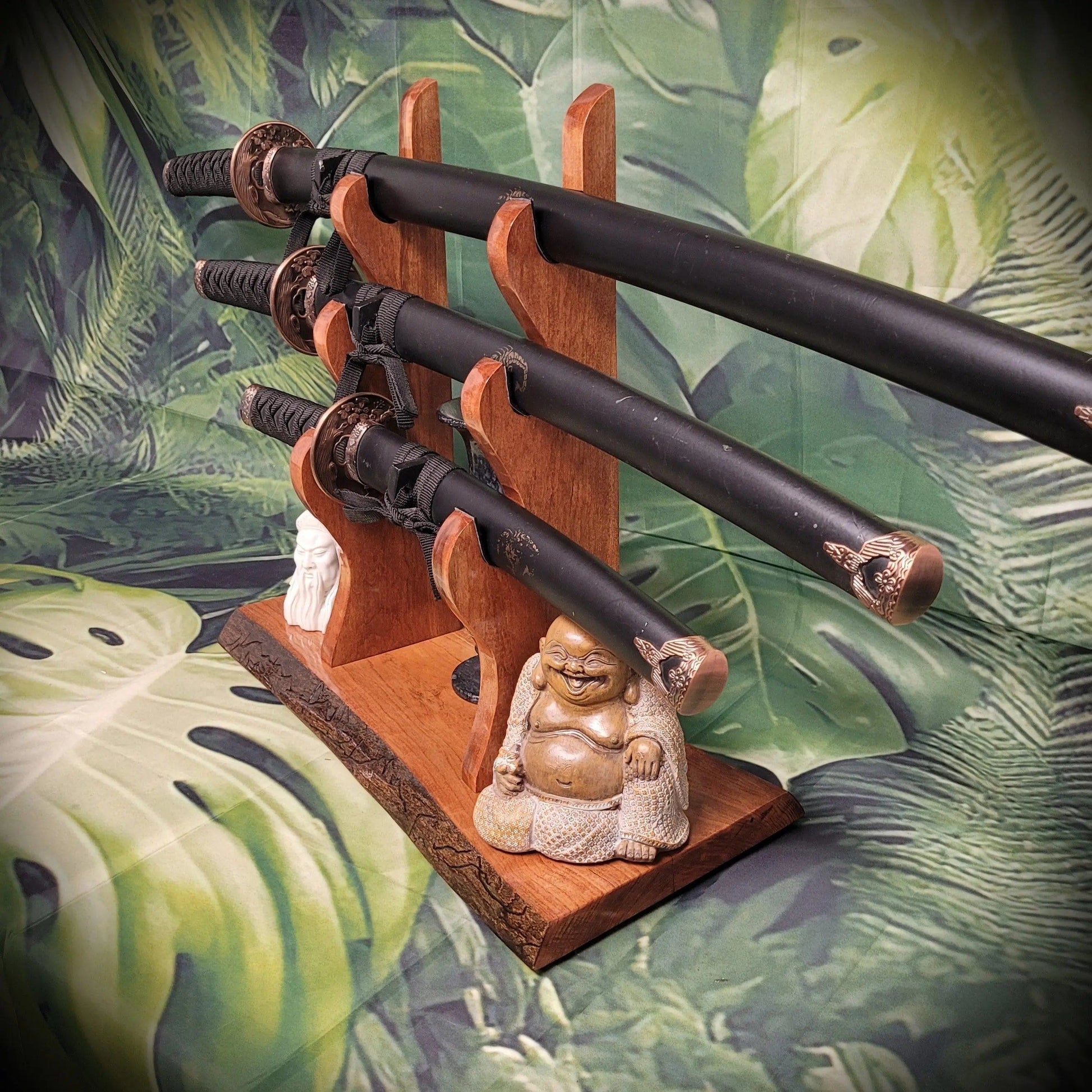 walkerwoodgifts sword display Live Edge Rustic 3 Tier Cherry Samurai Katana Display Stand Collector Gift