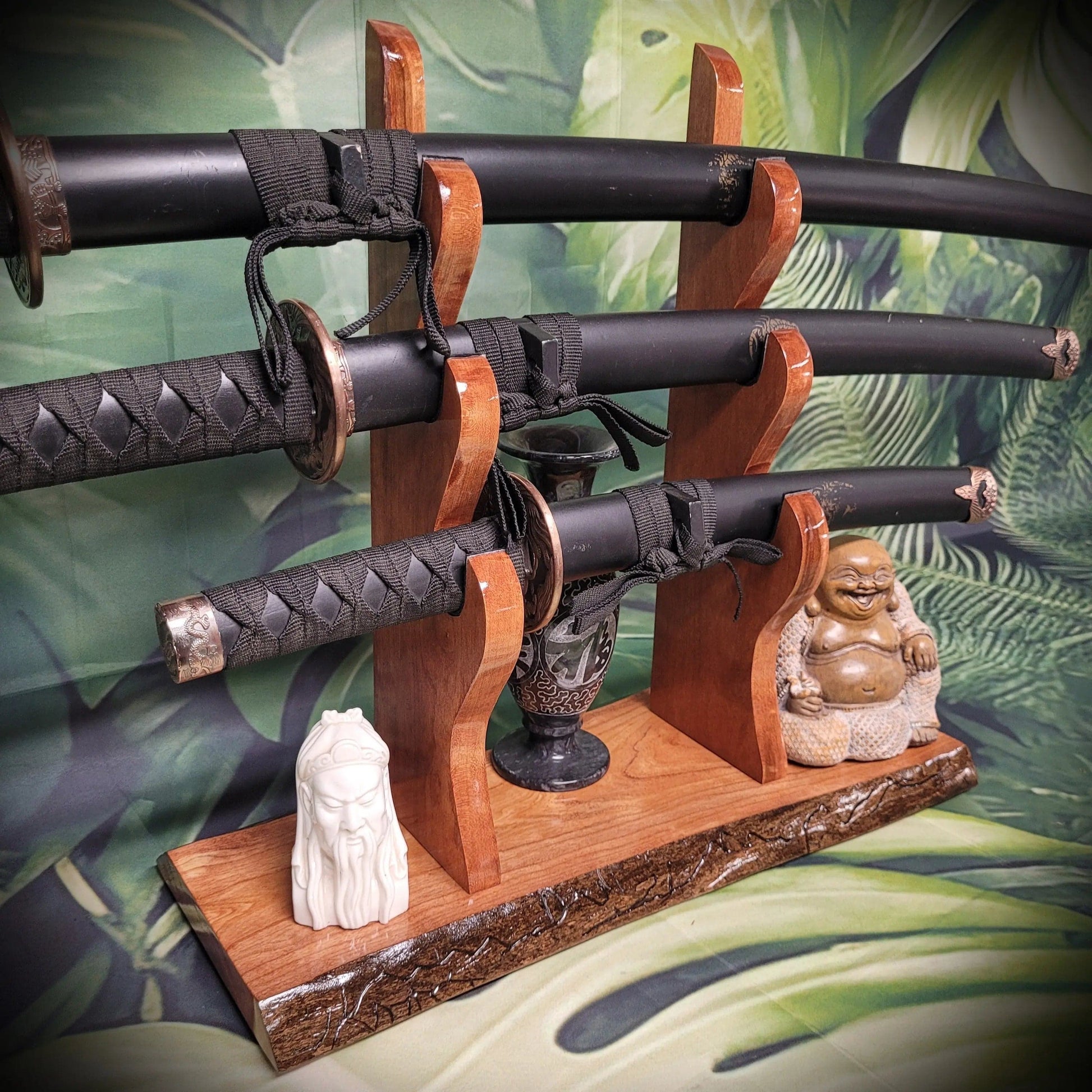 walkerwoodgifts sword display Live Edge Rustic 3 Tier Cherry Samurai Katana Display Stand Collector Gift
