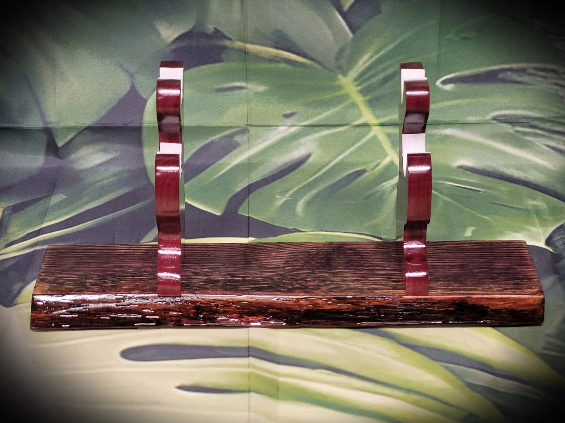 walkerwoodgifts sword display Live Edge Rustic Swamp Oak Purpleheart Blade & Sheath Kbar Samurai Military Display Gift