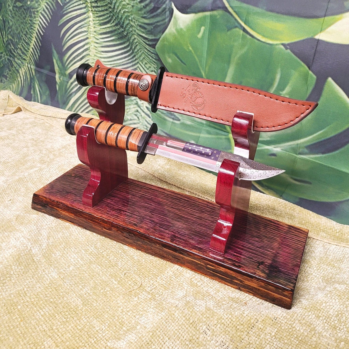 walkerwoodgifts sword display Live Edge Rustic Swamp Oak Purpleheart Blade & Sheath Kbar Samurai Military Display Gift