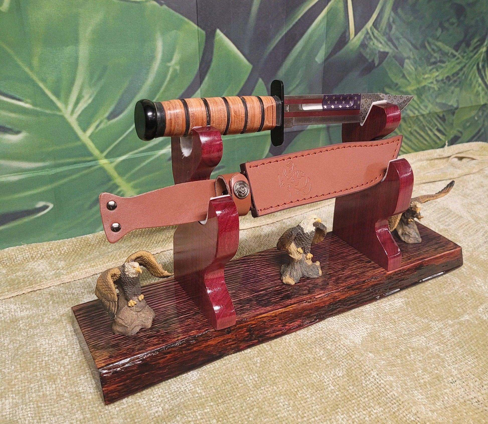 walkerwoodgifts sword display Live Edge Rustic Swamp Oak Purpleheart Blade & Sheath Kbar Samurai Military Display Gift
