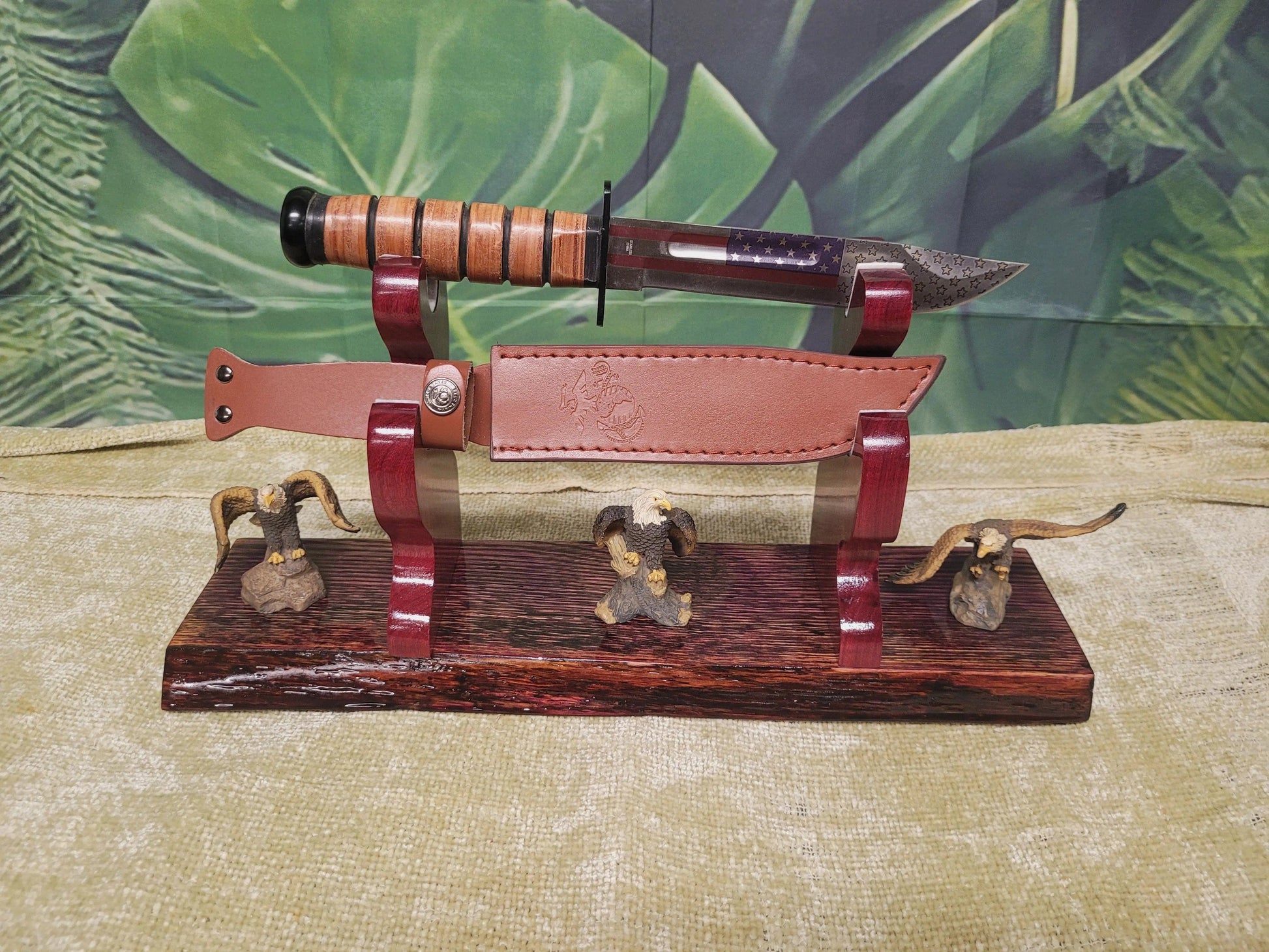 walkerwoodgifts sword display Live Edge Rustic Swamp Oak Purpleheart Blade & Sheath Kbar Samurai Military Display Gift