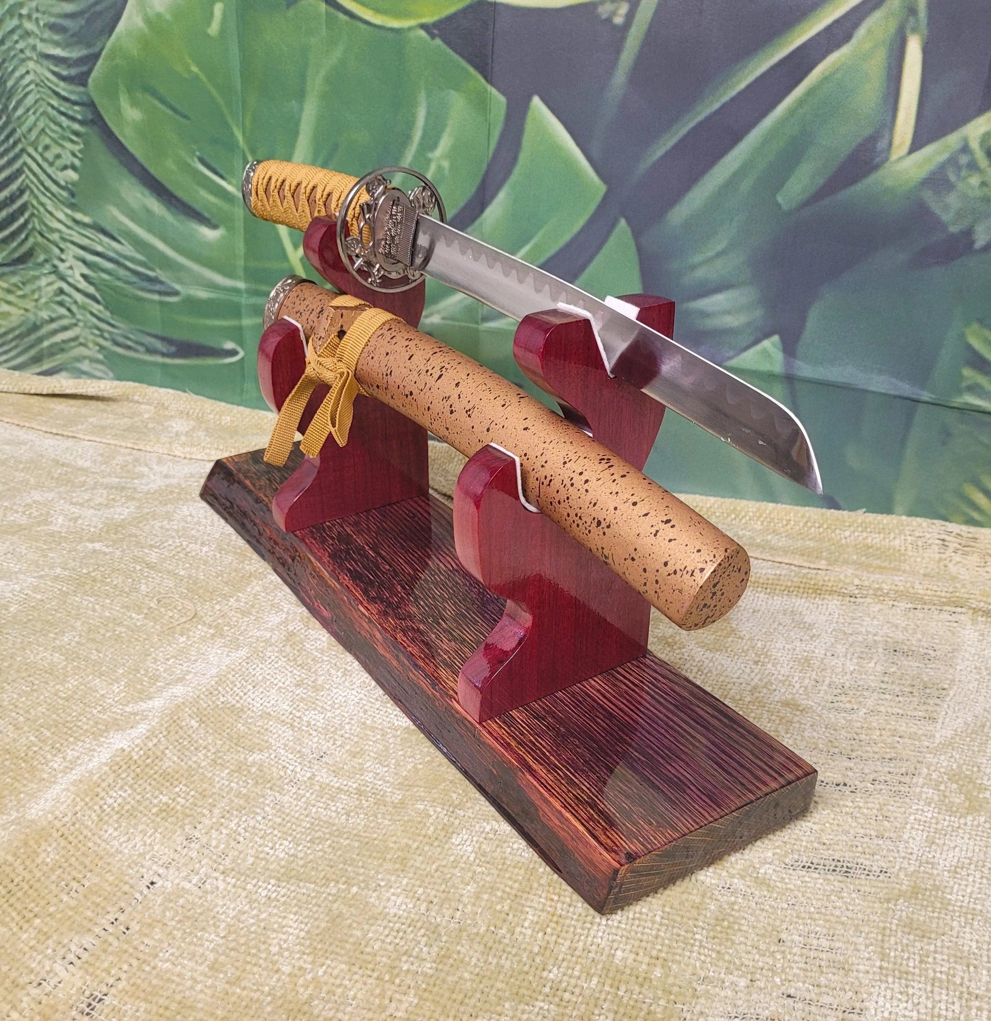 walkerwoodgifts sword display Live Edge Rustic Swamp Oak Purpleheart Blade & Sheath Kbar Samurai Military Display Gift