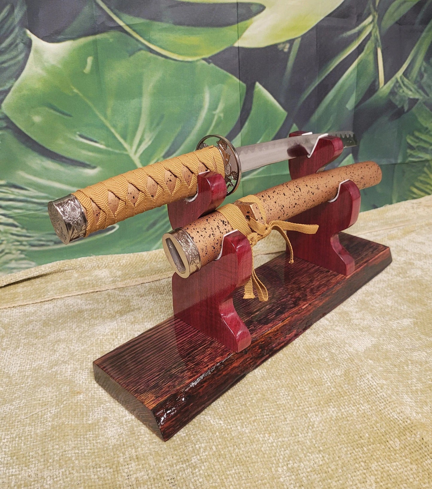 walkerwoodgifts sword display Live Edge Rustic Swamp Oak Purpleheart Blade & Sheath Kbar Samurai Military Display Gift