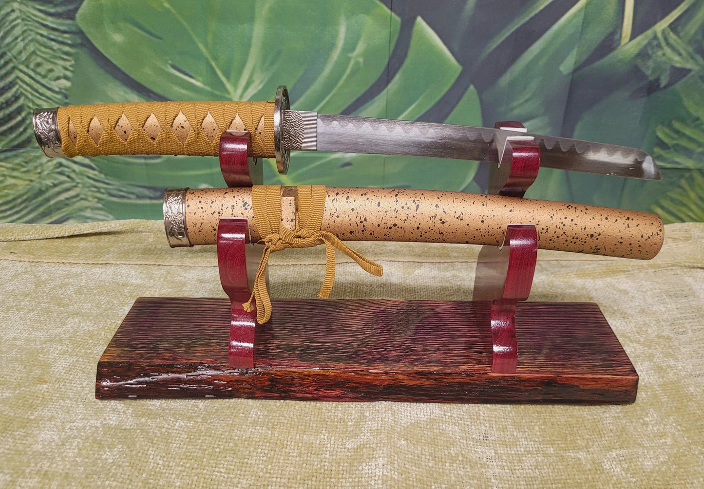 walkerwoodgifts sword display Live Edge Rustic Swamp Oak Purpleheart Blade & Sheath Kbar Samurai Military Display Gift