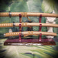 walkerwoodgifts sword display Rustic 3-Tier Live Edge Purple Swamp Oak & Purpleheart Samurai Katana Sword Display Great Gift