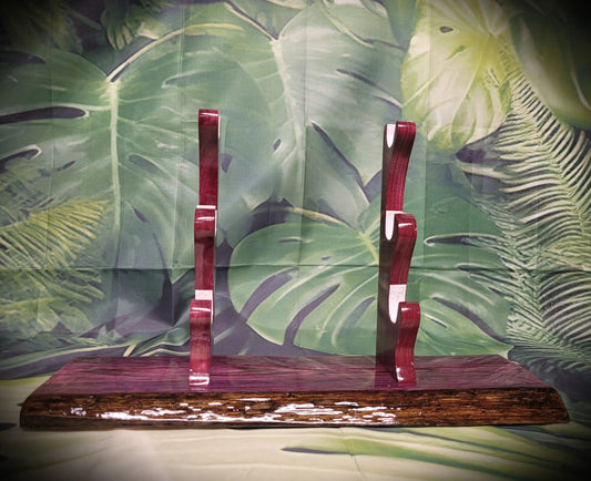 walkerwoodgifts sword display Rustic 3-Tier Live Edge Purple Swamp Oak & Purpleheart Samurai Katana Sword Display Great Gift