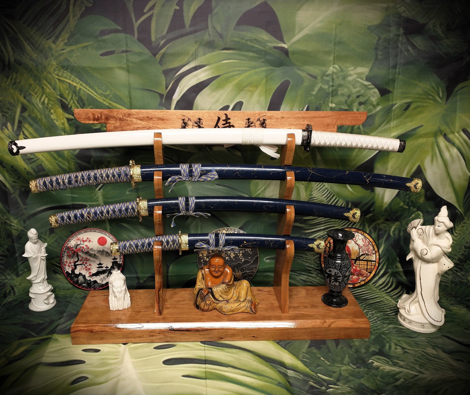 walkerwoodgifts sword display Rustic 4 Tier Beautiful Black Cherry Japanese Tori Gate Design Samurai Sword Display Stand Collectors Gift