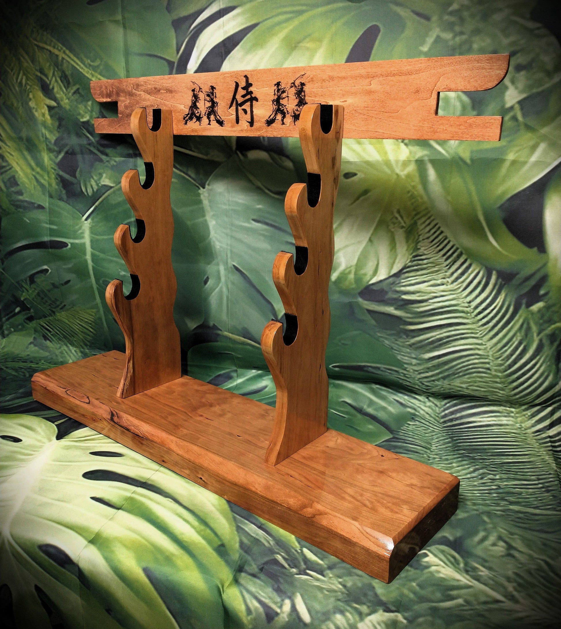 walkerwoodgifts sword display Rustic 4 Tier Beautiful Black Cherry Japanese Tori Gate Design Samurai Sword Display Stand Collectors Gift