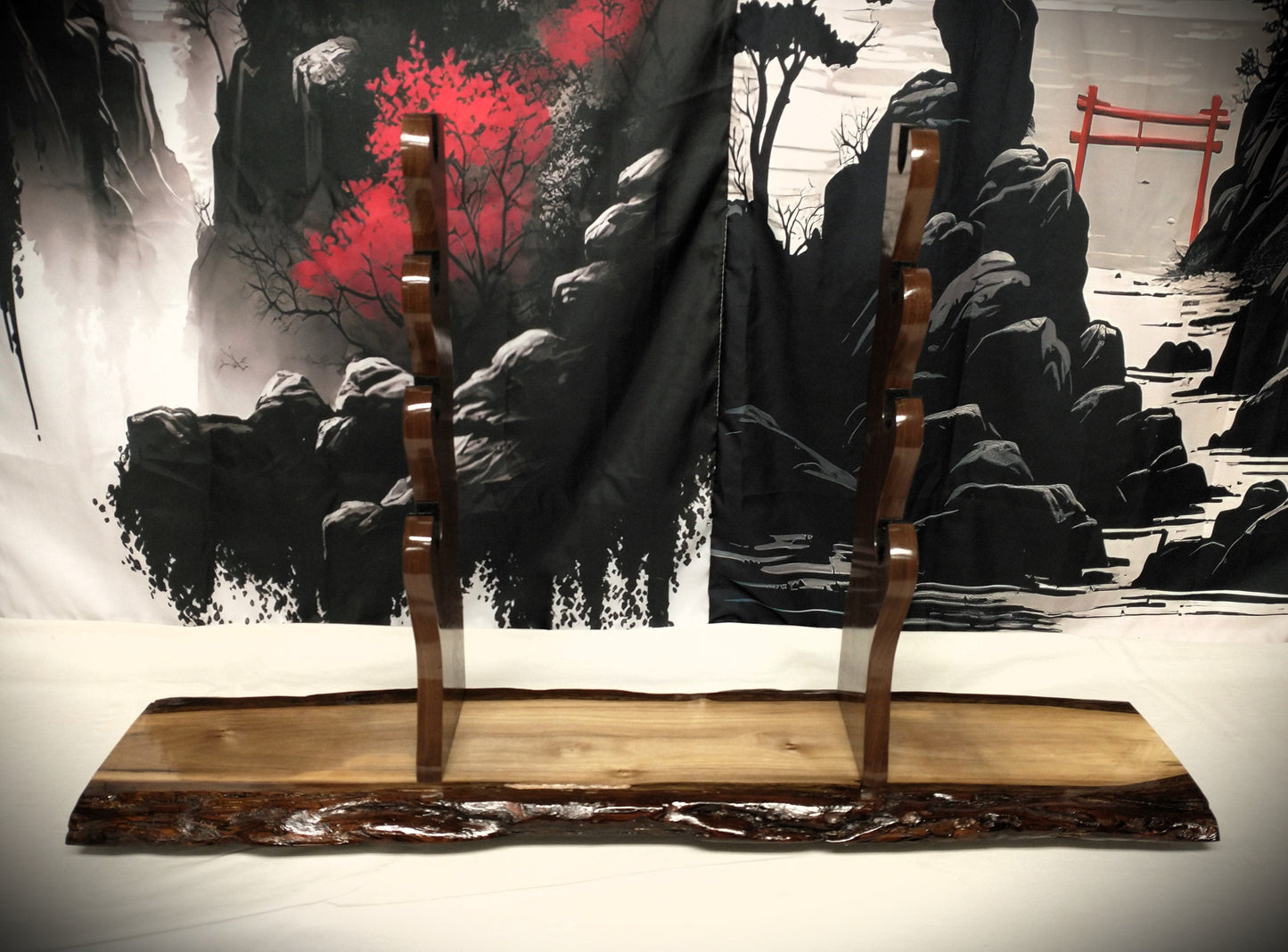 walkerwoodgifts sword display Rustic 4 Tier Dark Walnut Sword Stand Katana Wakizashi Tanto Sword Display Stand Japanese Samurai