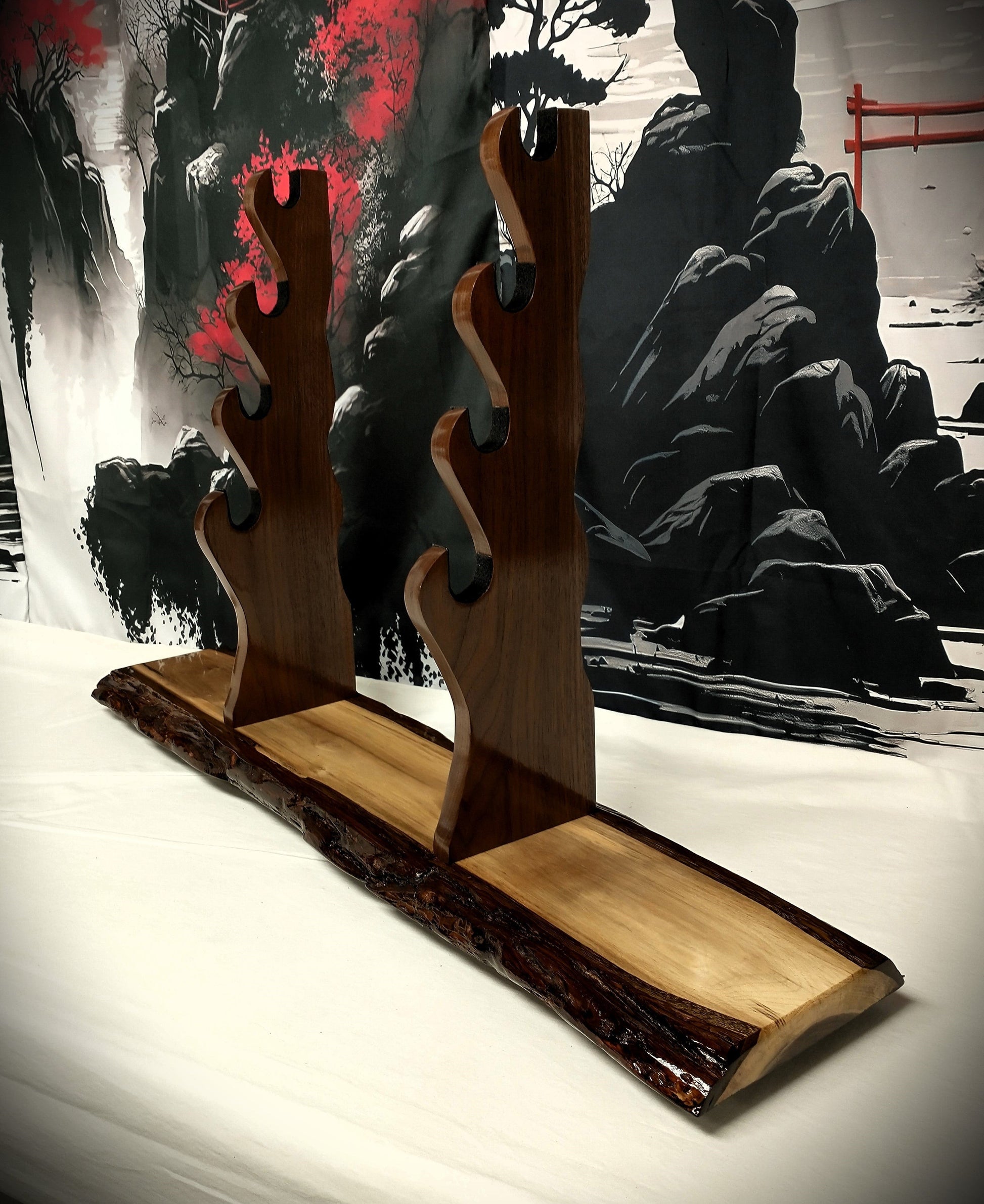 walkerwoodgifts sword display Rustic 4 Tier Dark Walnut Sword Stand Katana Wakizashi Tanto Sword Display Stand Japanese Samurai