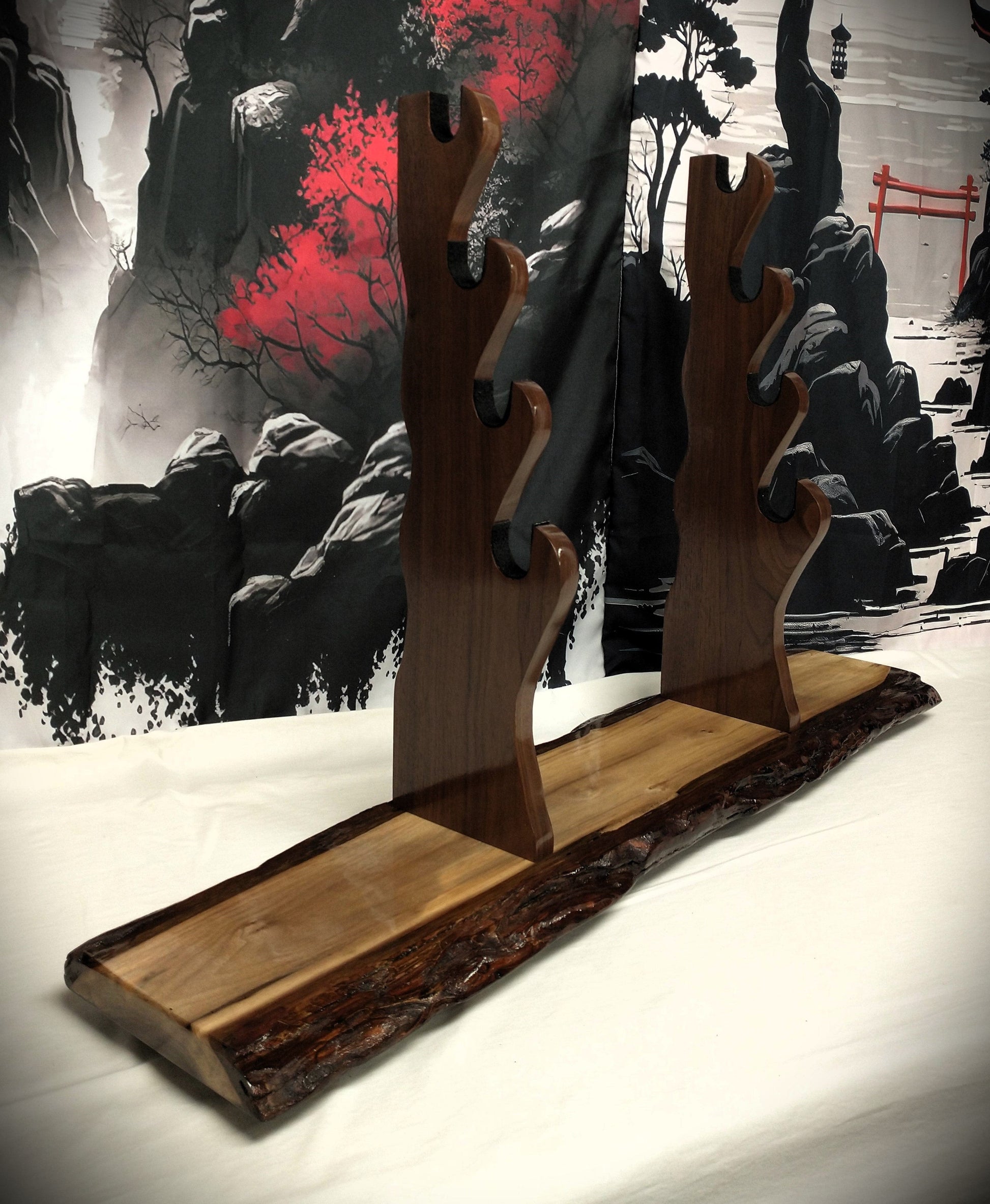 walkerwoodgifts sword display Rustic 4 Tier Dark Walnut Sword Stand Katana Wakizashi Tanto Sword Display Stand Japanese Samurai