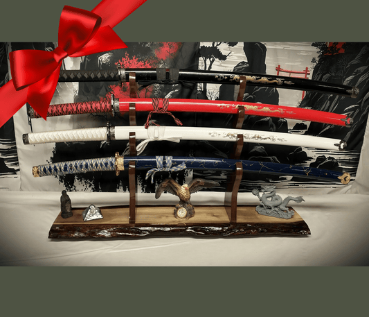 walkerwoodgifts sword display Rustic 4 Tier Dark Walnut Sword Stand Katana Wakizashi Tanto Sword Display Stand Japanese Samurai