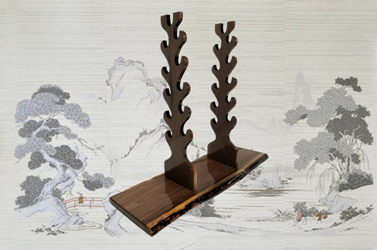 walkerwoodgifts sword display Rustic Double Sided 11 Tier Dark Walnut Sword Stand Katana Wakizashi Tanto Sword Display Stand Japanese Samurai