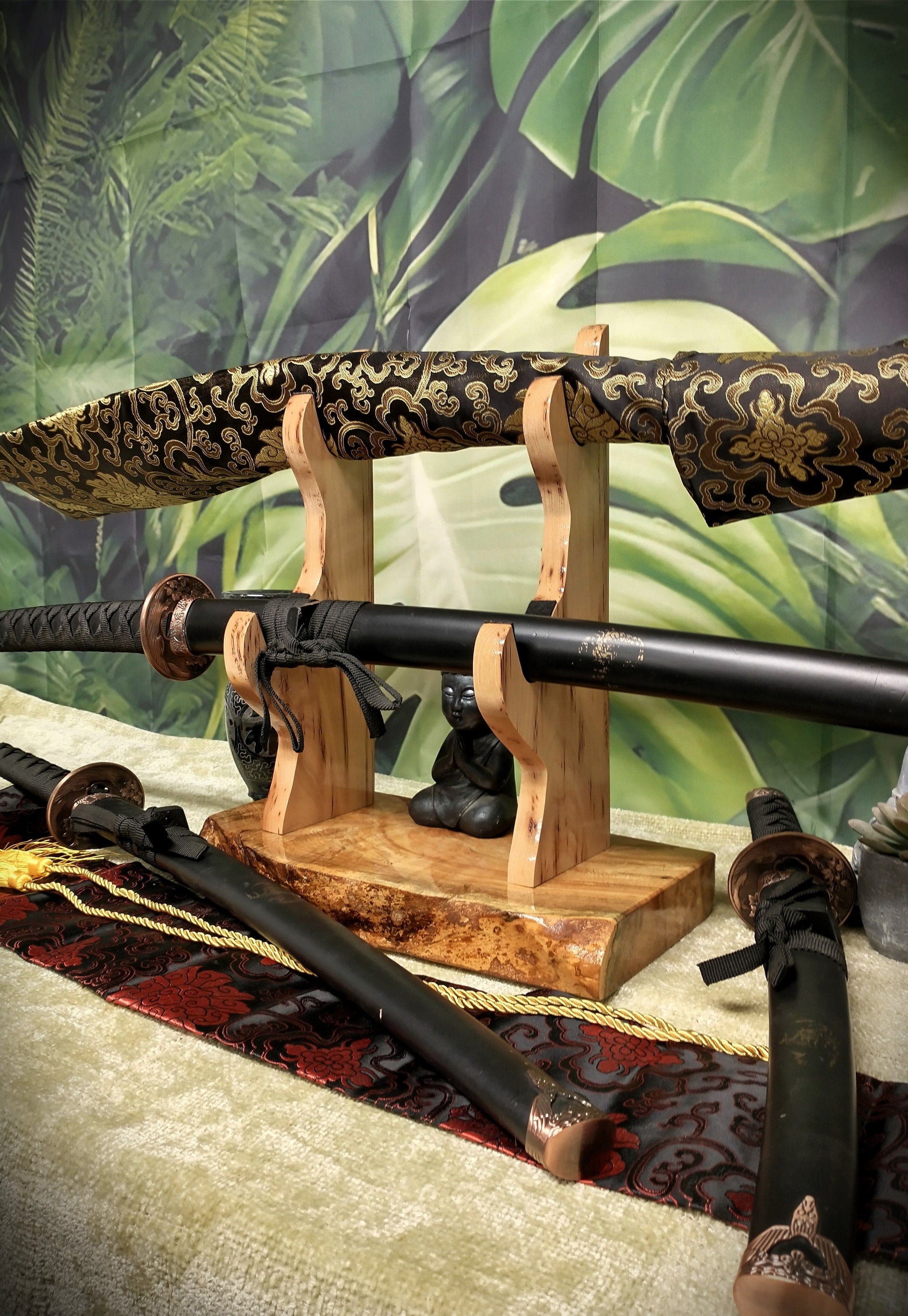 walkerwoodgifts sword display Rustic Live Edge 2 Tier Burly Ambrosia Maple and Hickory Display Stand Samurai Military Collectors Gift