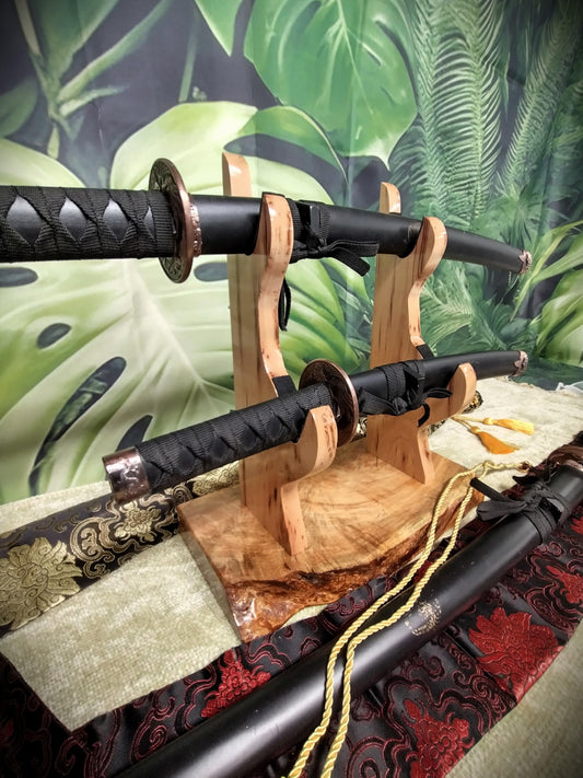 walkerwoodgifts sword display Rustic Live Edge 2 Tier Burly Ambrosia Maple and Hickory Display Stand Samurai Military Collectors Gift