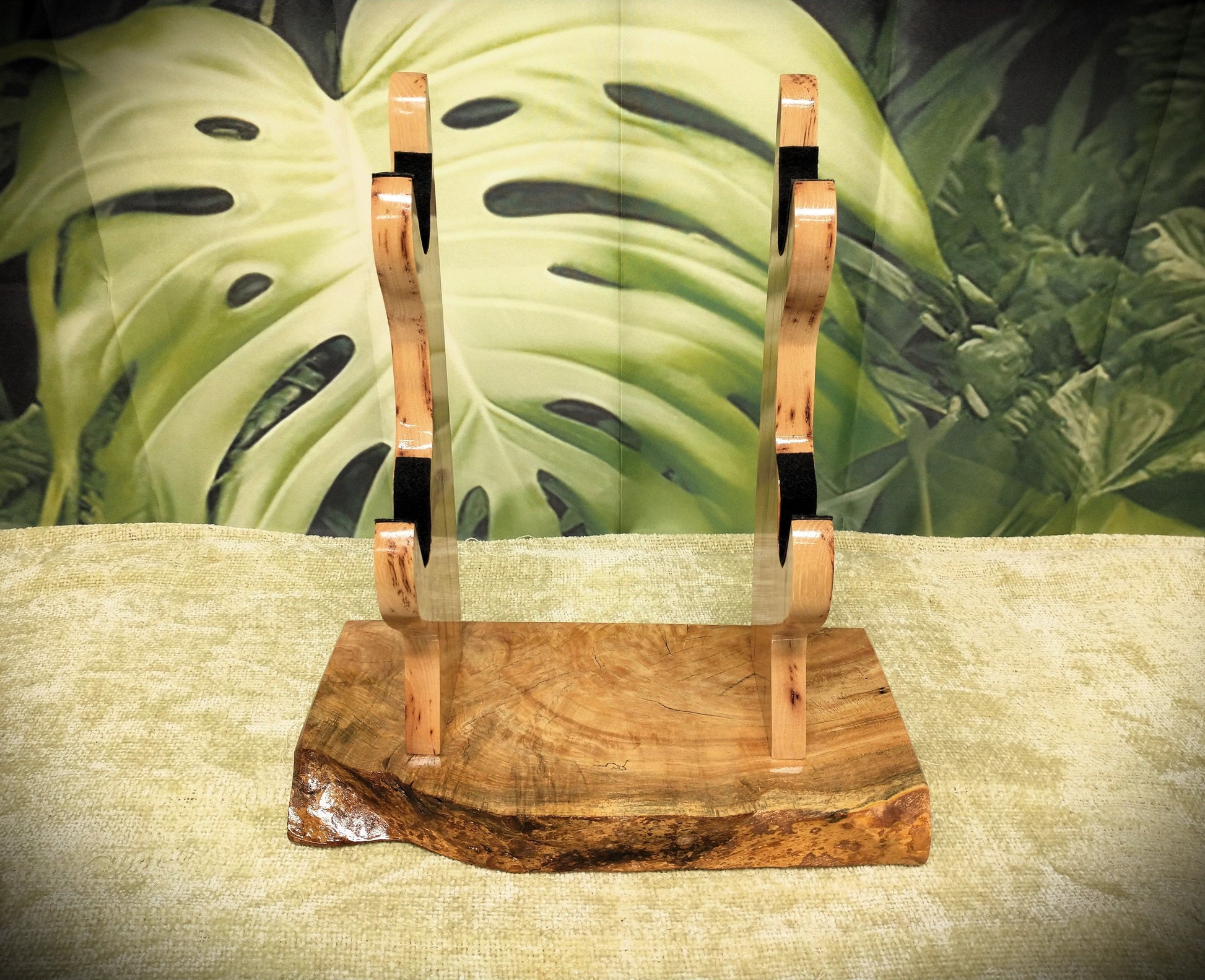 walkerwoodgifts sword display Rustic Live Edge 2 Tier Burly Ambrosia Maple and Hickory Display Stand Samurai Military Collectors Gift