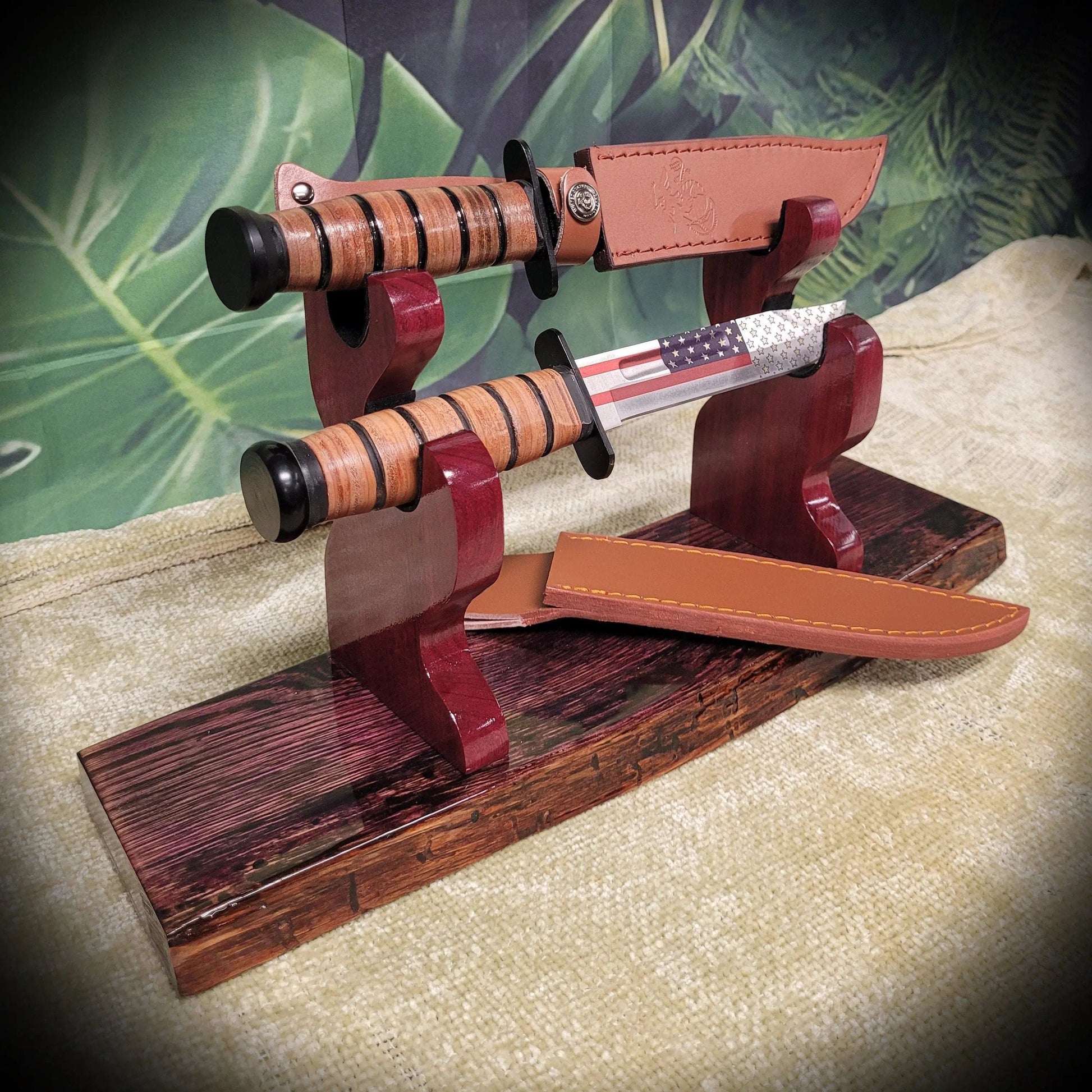 walkerwoodgifts sword display Rustic Live Edge 2 Tier Swamp Oak Purpleheart Kbar Samurai Military Display Gift