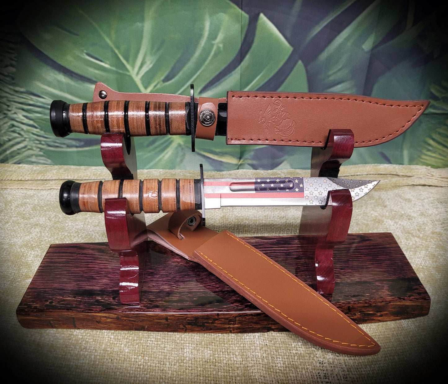 walkerwoodgifts sword display Rustic Live Edge 2 Tier Swamp Oak Purpleheart Kbar Samurai Military Display Gift