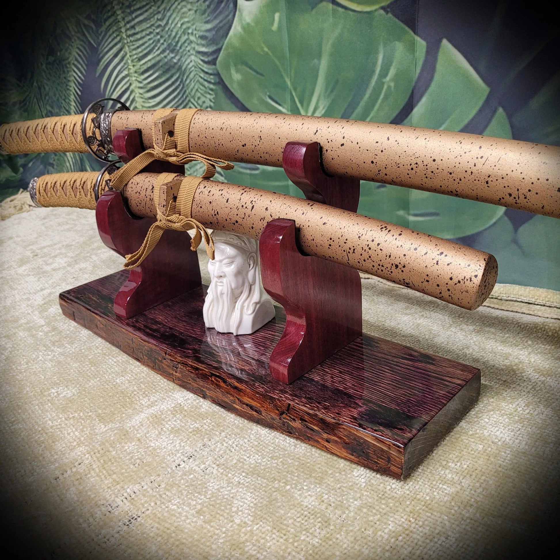 walkerwoodgifts sword display Rustic Live Edge 2 Tier Swamp Oak Purpleheart Kbar Samurai Military Display Gift