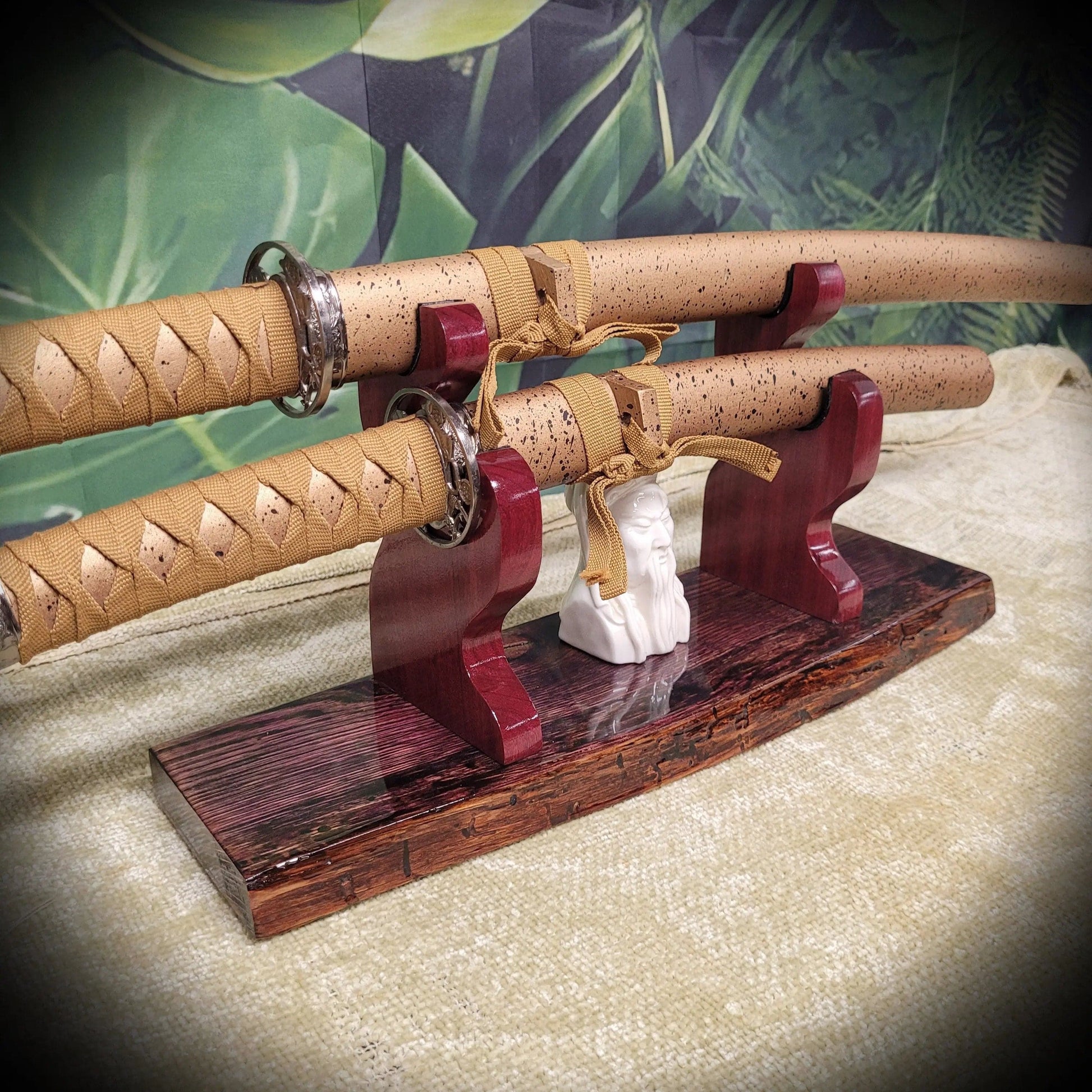 walkerwoodgifts sword display Rustic Live Edge 2 Tier Swamp Oak Purpleheart Kbar Samurai Military Display Gift