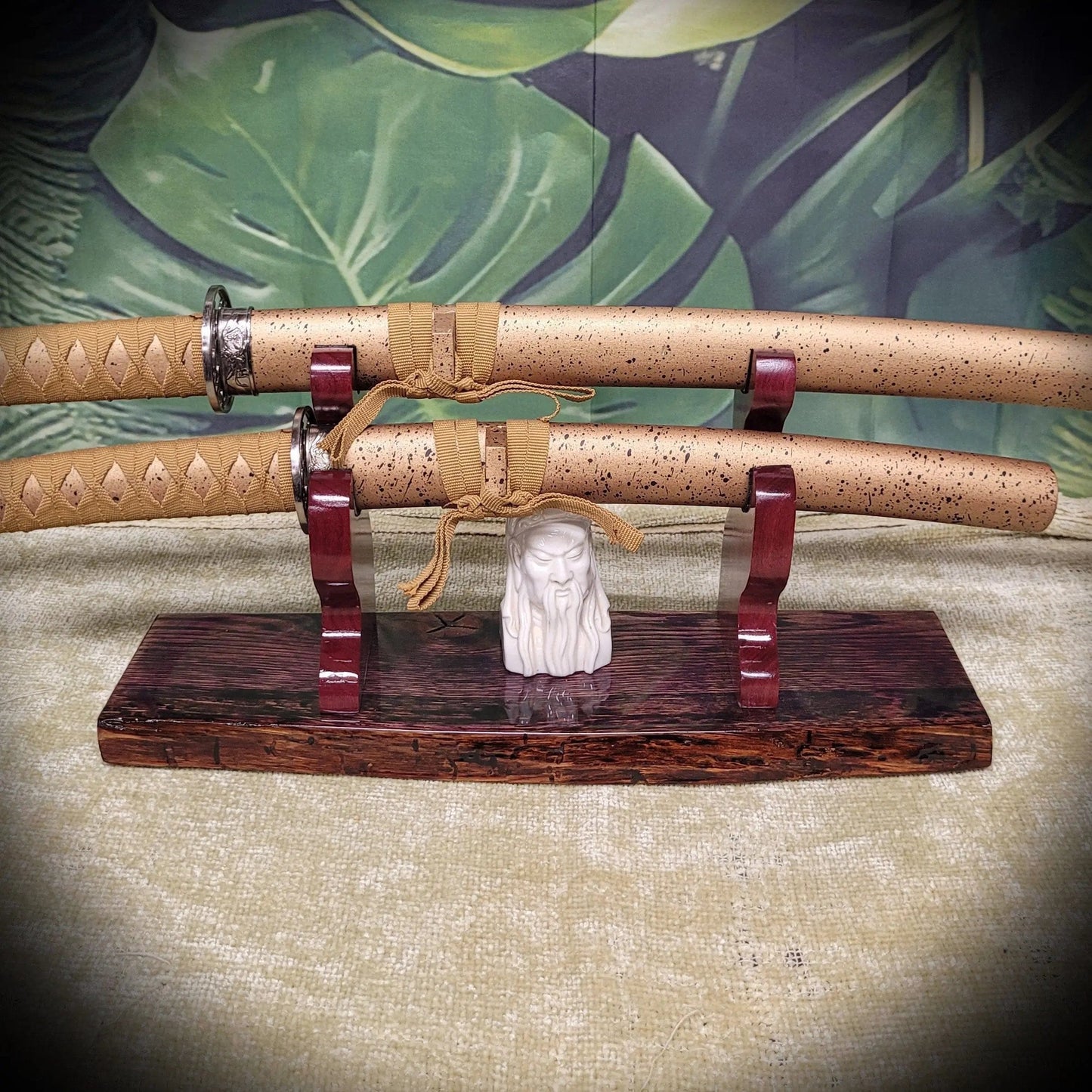 walkerwoodgifts sword display Rustic Live Edge 2 Tier Swamp Oak Purpleheart Kbar Samurai Military Display Gift