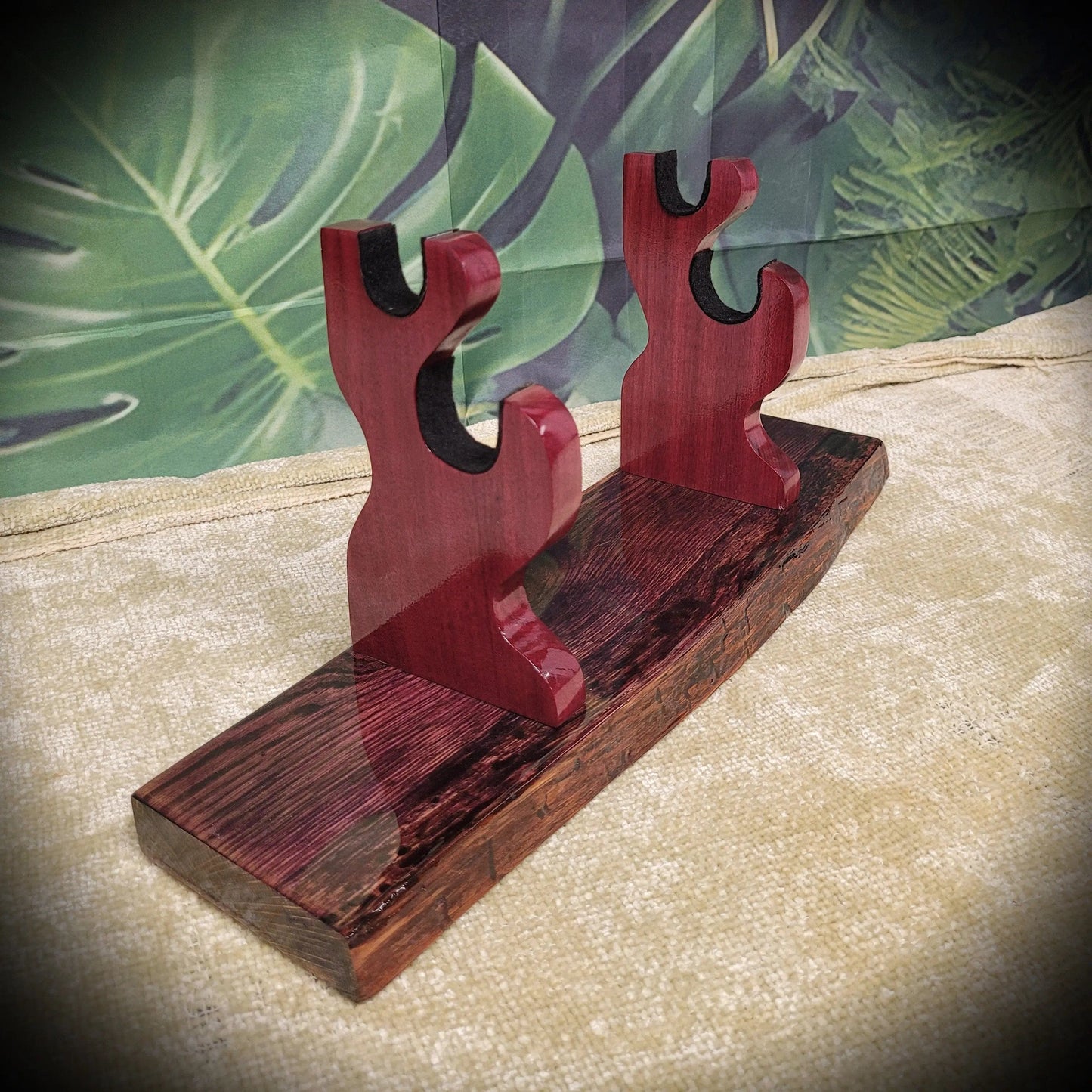 walkerwoodgifts sword display Rustic Live Edge 2 Tier Swamp Oak Purpleheart Kbar Samurai Military Display Gift