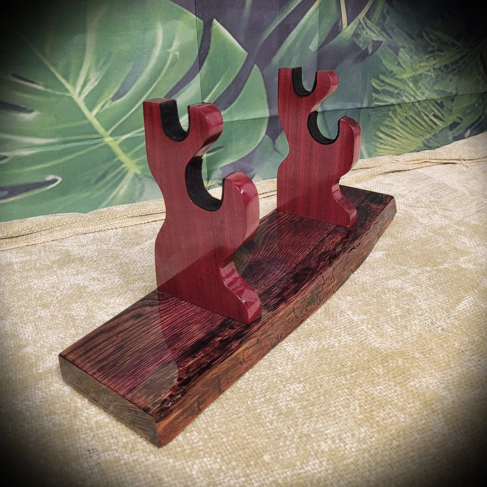 walkerwoodgifts sword display Rustic Live Edge 2 Tier Swamp Oak Purpleheart Kbar Samurai Military Display Gift