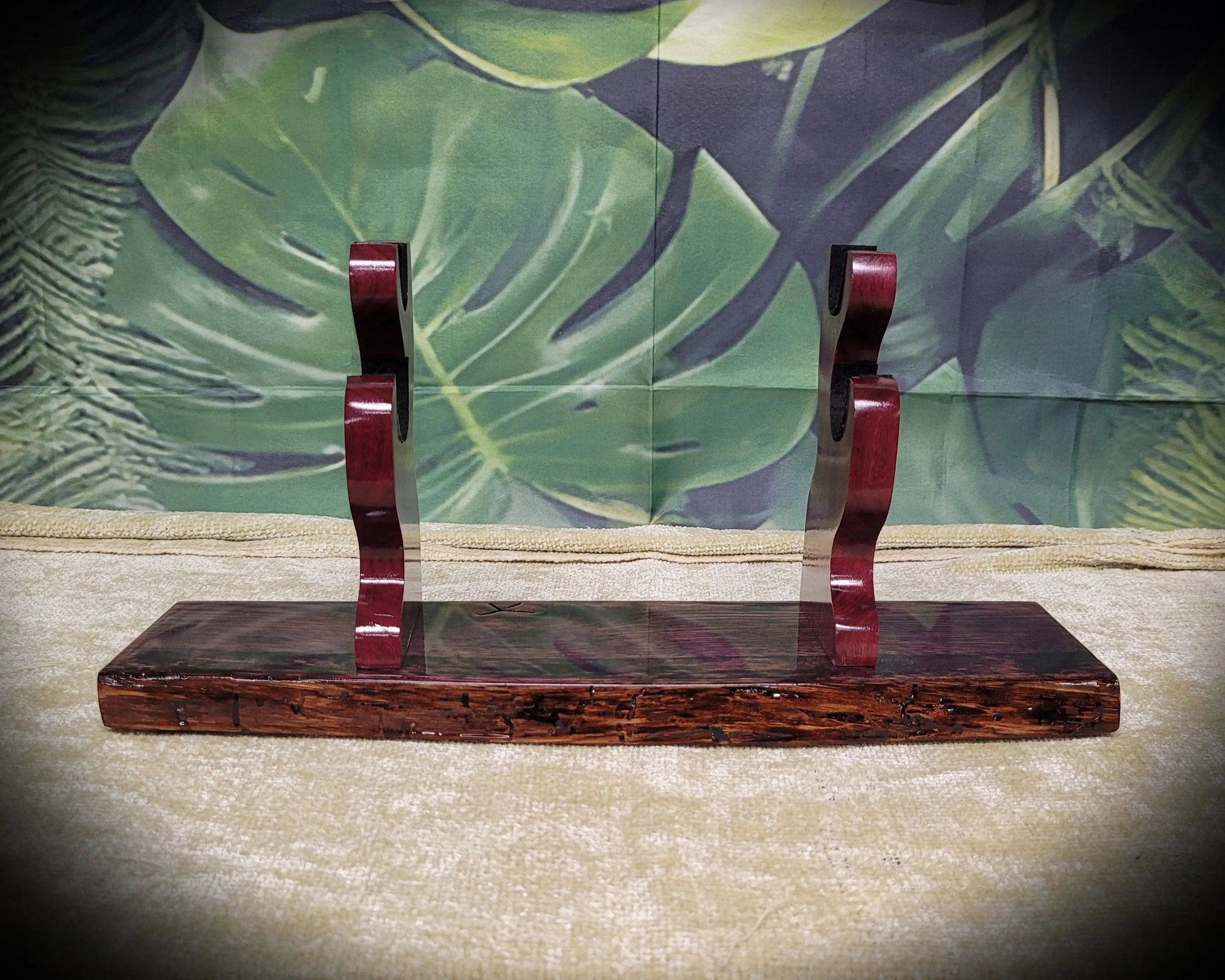 walkerwoodgifts sword display Rustic Live Edge 2 Tier Swamp Oak Purpleheart Kbar Samurai Military Display Gift