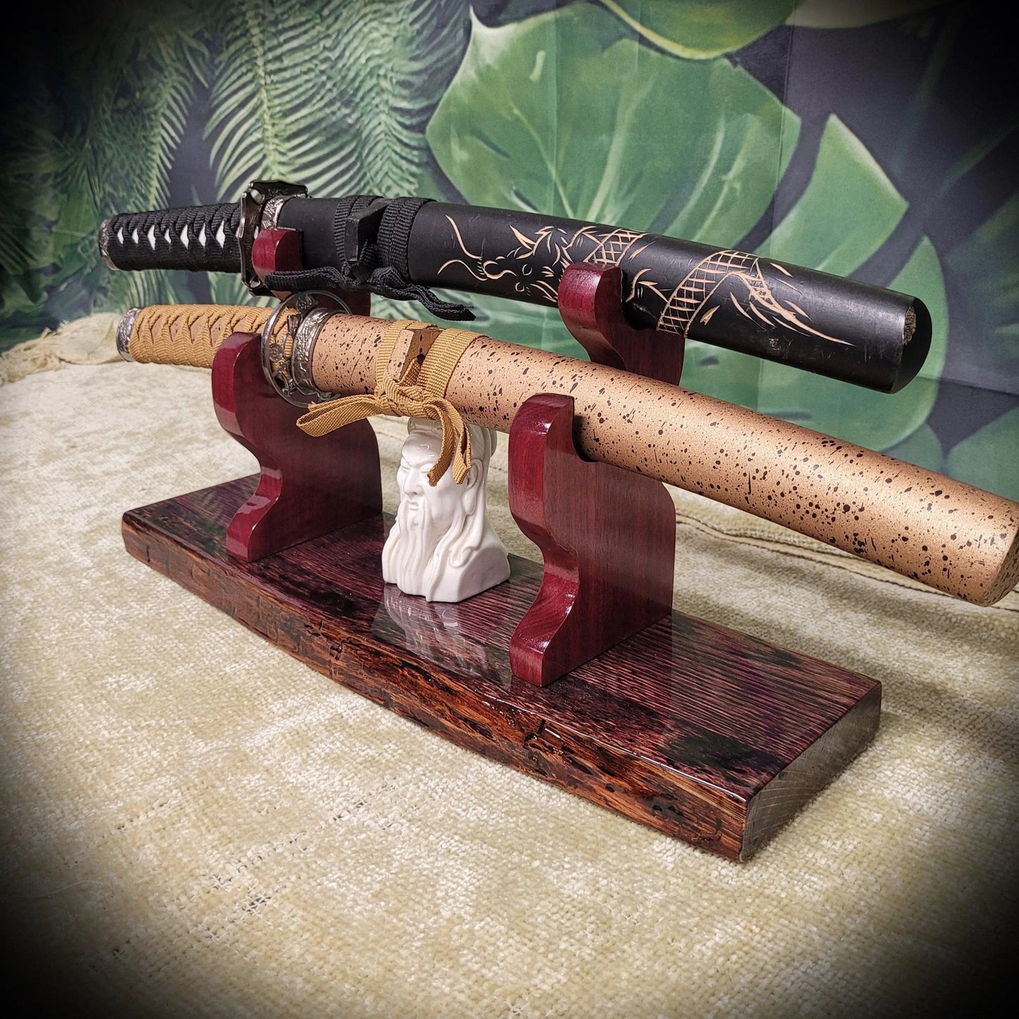 walkerwoodgifts sword display Rustic Live Edge 2 Tier Swamp Oak Purpleheart Kbar Samurai Military Display Gift