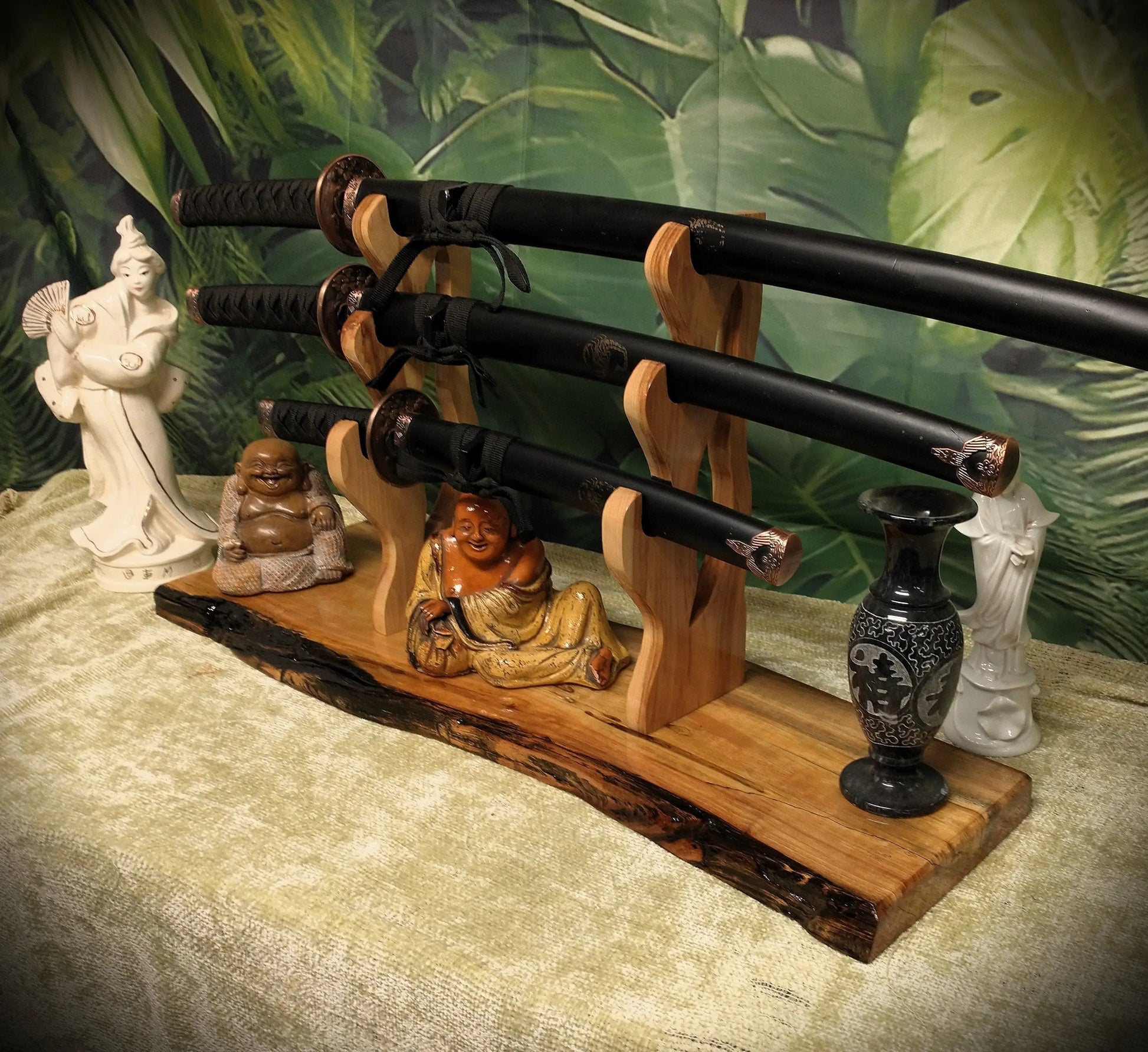 walkerwoodgifts sword display Rustic Live Edge 3 Tier Contoured Maple Japanese Samurai Sword Display Stand Collectors Gift