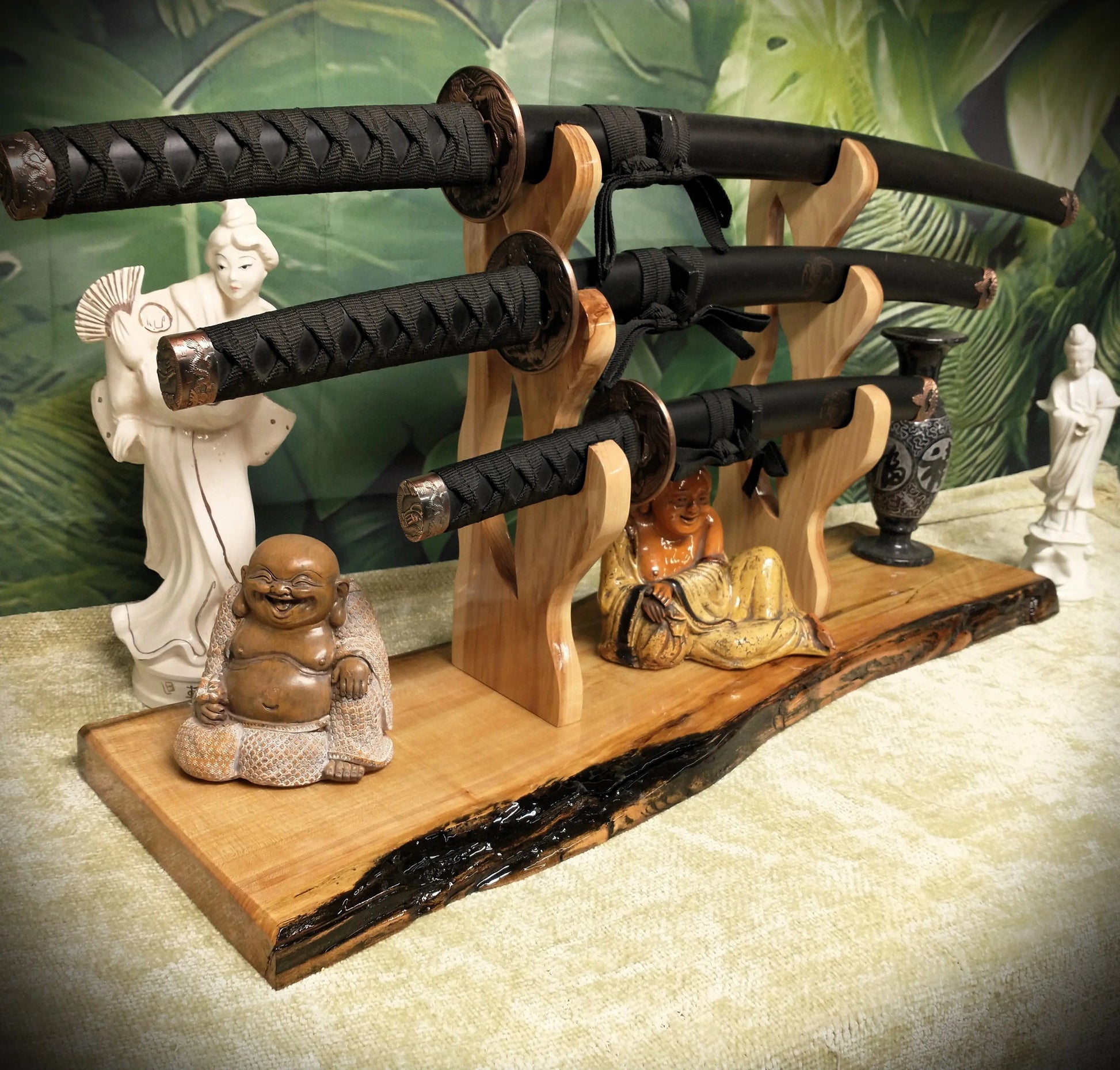 walkerwoodgifts sword display Rustic Live Edge 3 Tier Contoured Maple Japanese Samurai Sword Display Stand Collectors Gift