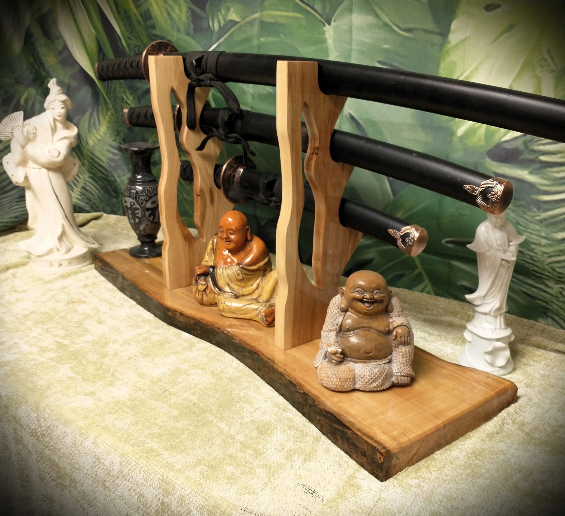 walkerwoodgifts sword display Rustic Live Edge 3 Tier Contoured Maple Japanese Samurai Sword Display Stand Collectors Gift