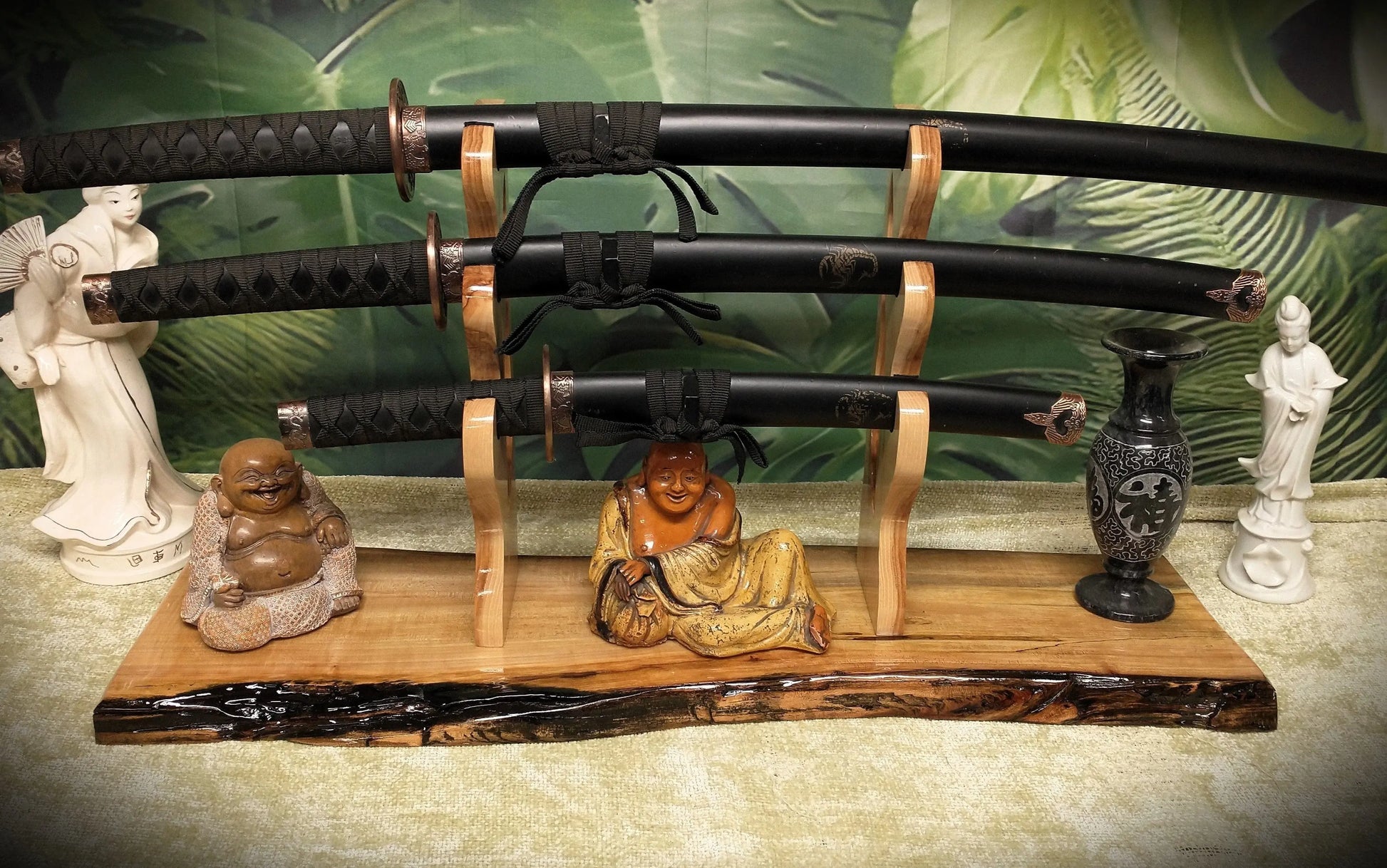 walkerwoodgifts sword display Rustic Live Edge 3 Tier Contoured Maple Japanese Samurai Sword Display Stand Collectors Gift