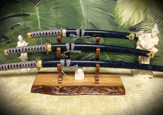 walkerwoodgifts sword display Rustic Live Edge 3 Tier Oak Zebra Wood Sword Display Stand Perfect Gift for Samurai Collectors