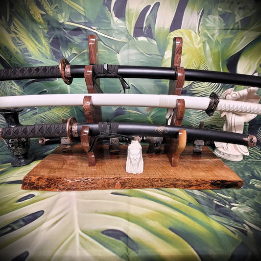walkerwoodgifts sword display Rustic Live Edge Claro Walnut 3-Tier Sword Stand: Samurai Katana Display