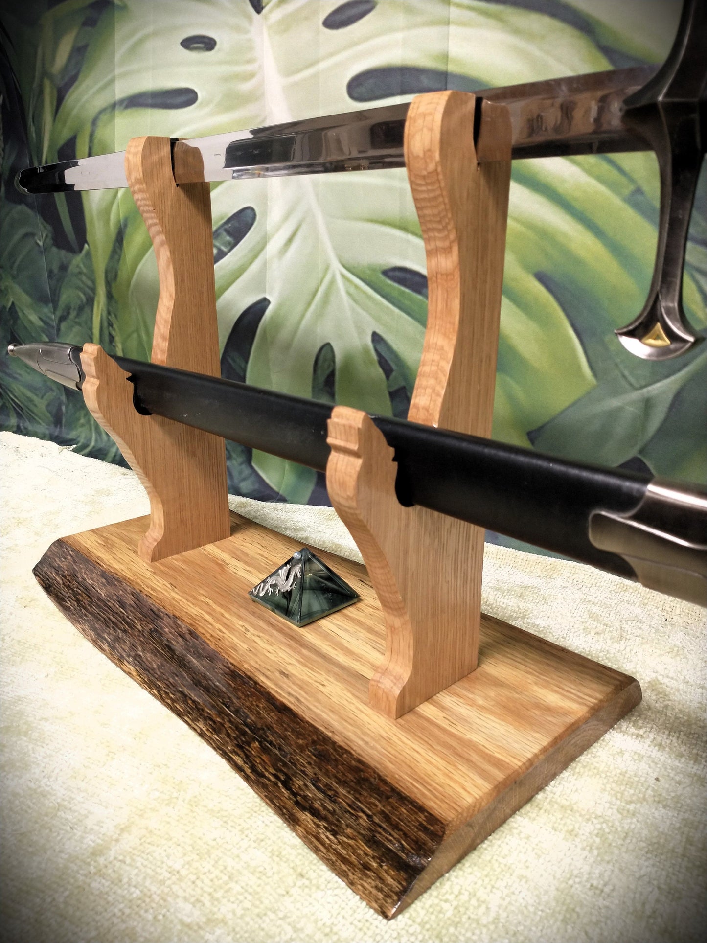 walkerwoodgifts sword display Rustic Live Edge Oak Wolf Sword and Sheath Display Stand Military Samurai Collectors Veterans Gift