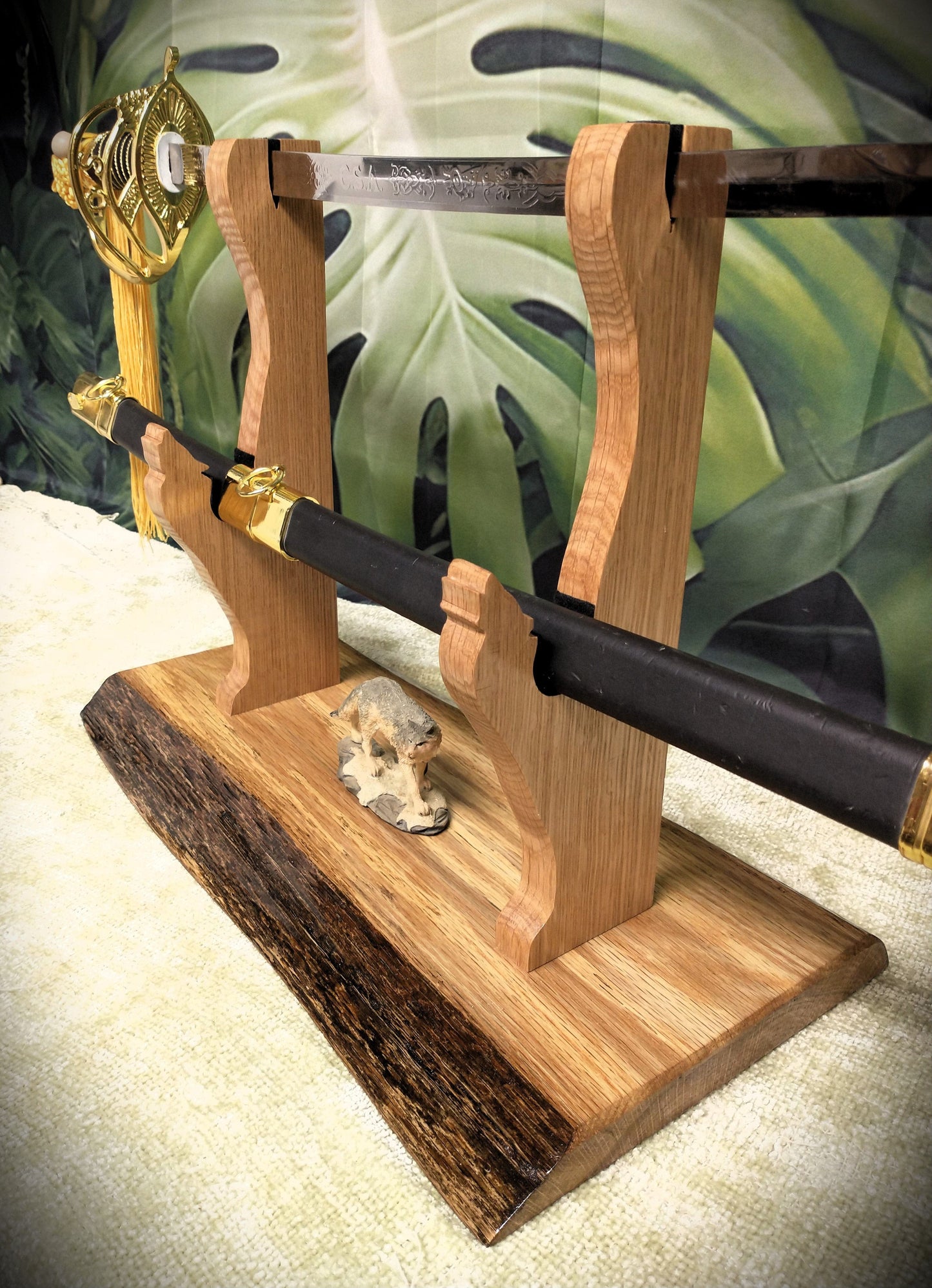 walkerwoodgifts sword display Rustic Live Edge Oak Wolf Sword and Sheath Display Stand Military Samurai Collectors Veterans Gift